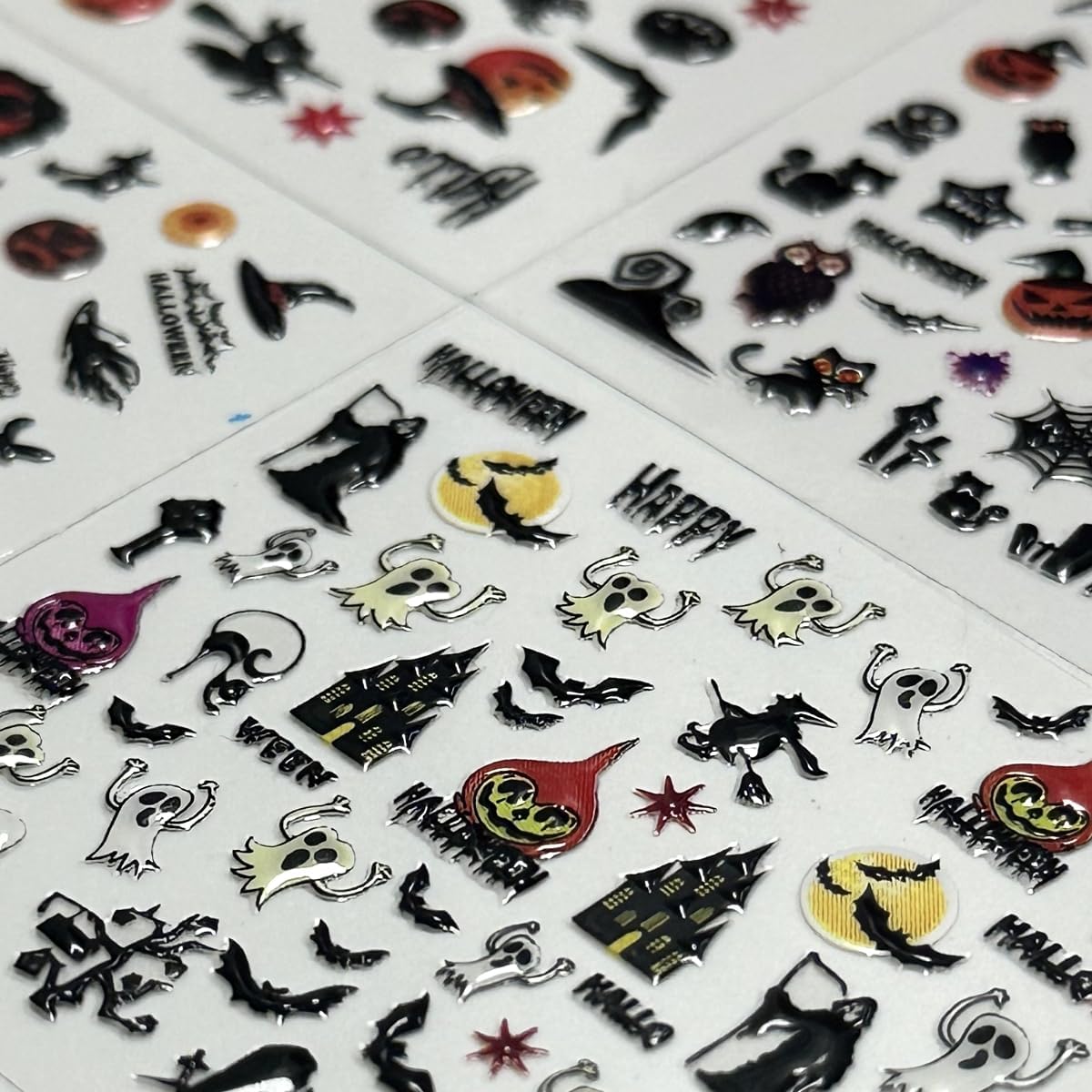 24 hojas de calcomanías de uñas de Halloween, calabaza, fantasma, cara, calcomanías de uñas autoadhesivas 3D, tela de araña, gato, murciélago,
