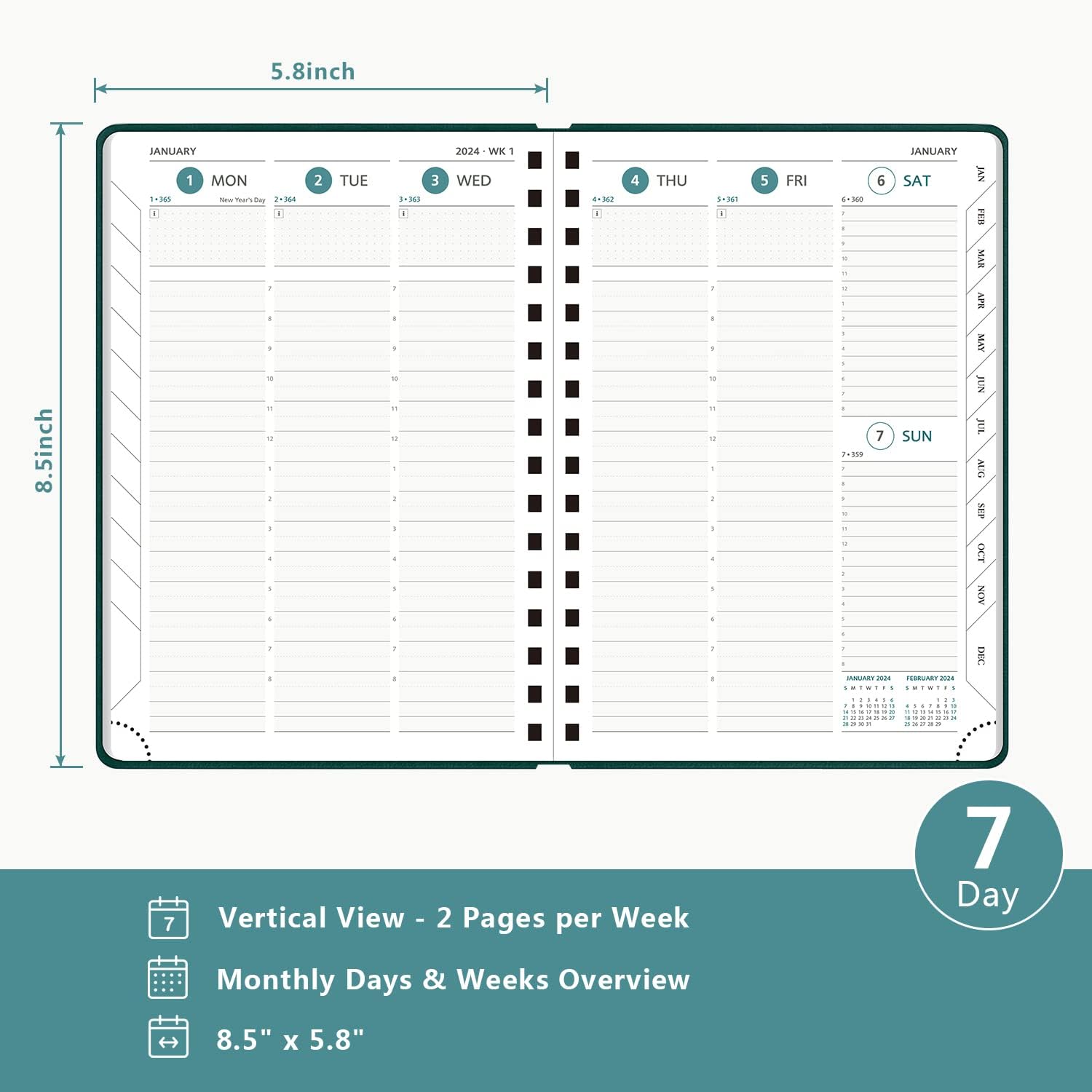 Agenda 2024 de BEZEND, calendario A5 de 5.8 x 8.5 pulgadas, agenda diaria, semanal y mensual, encuadernada en espiral, papel certificado FSC de 100