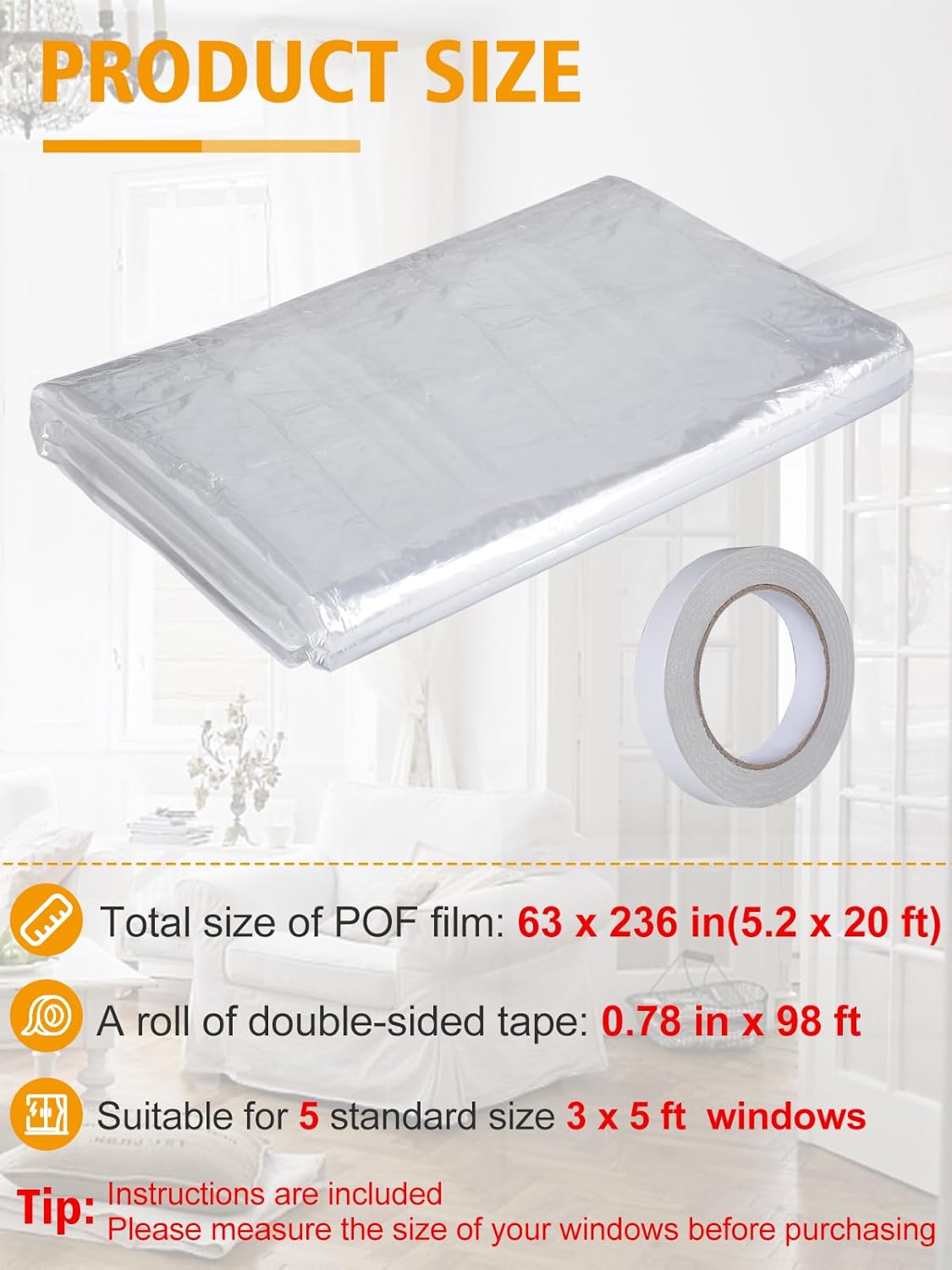Kit de aislamiento de ventana para 5 ventanas de 3 x 5 pies, plástico para ventanas interiores para invierno, cubierta retráctil resistente a