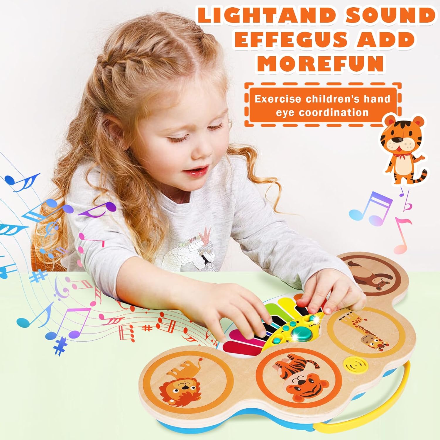 Juego de piano de tambor para bebés y niños, 2 en 1, instrumentos musicales Montessori, juguetes para niños pequeños con canciones y luces,