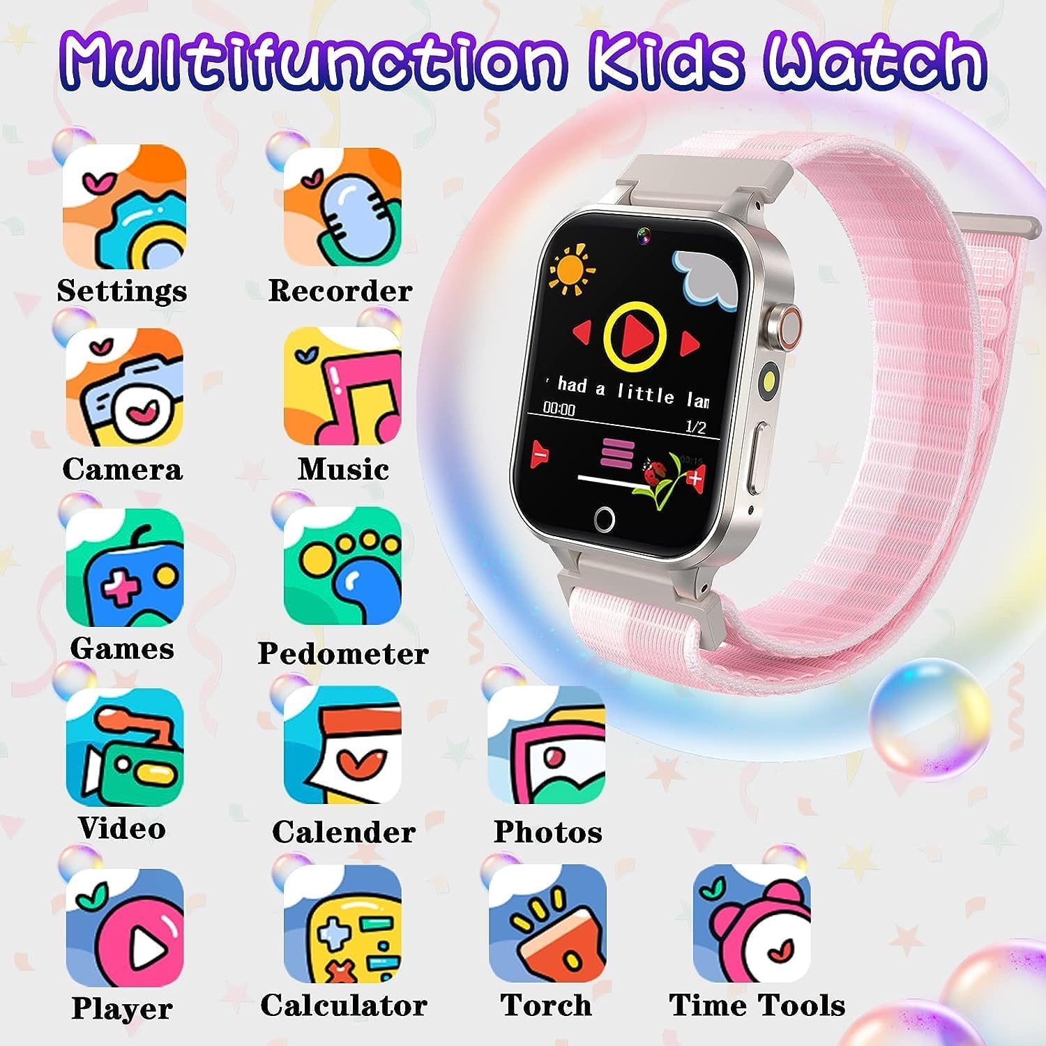 Reloj inteligente para niños con 26 juegos de rompecabezas, cámara, reproductor de música, seguimiento, podómetro, linterna de 1224 horas, juguetes