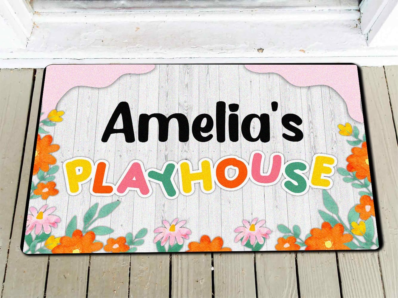 Tapete personalizado con temática de flores florales para niños y niñas, letrero personalizado para casa de juegos al aire libre, patio, club,