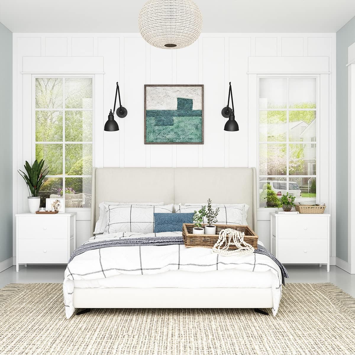BOLUO Mesita de noche blanca con 2 cajones para dormitorio, mesita de noche pequeña con cajones de tela, mesita de noche moderna