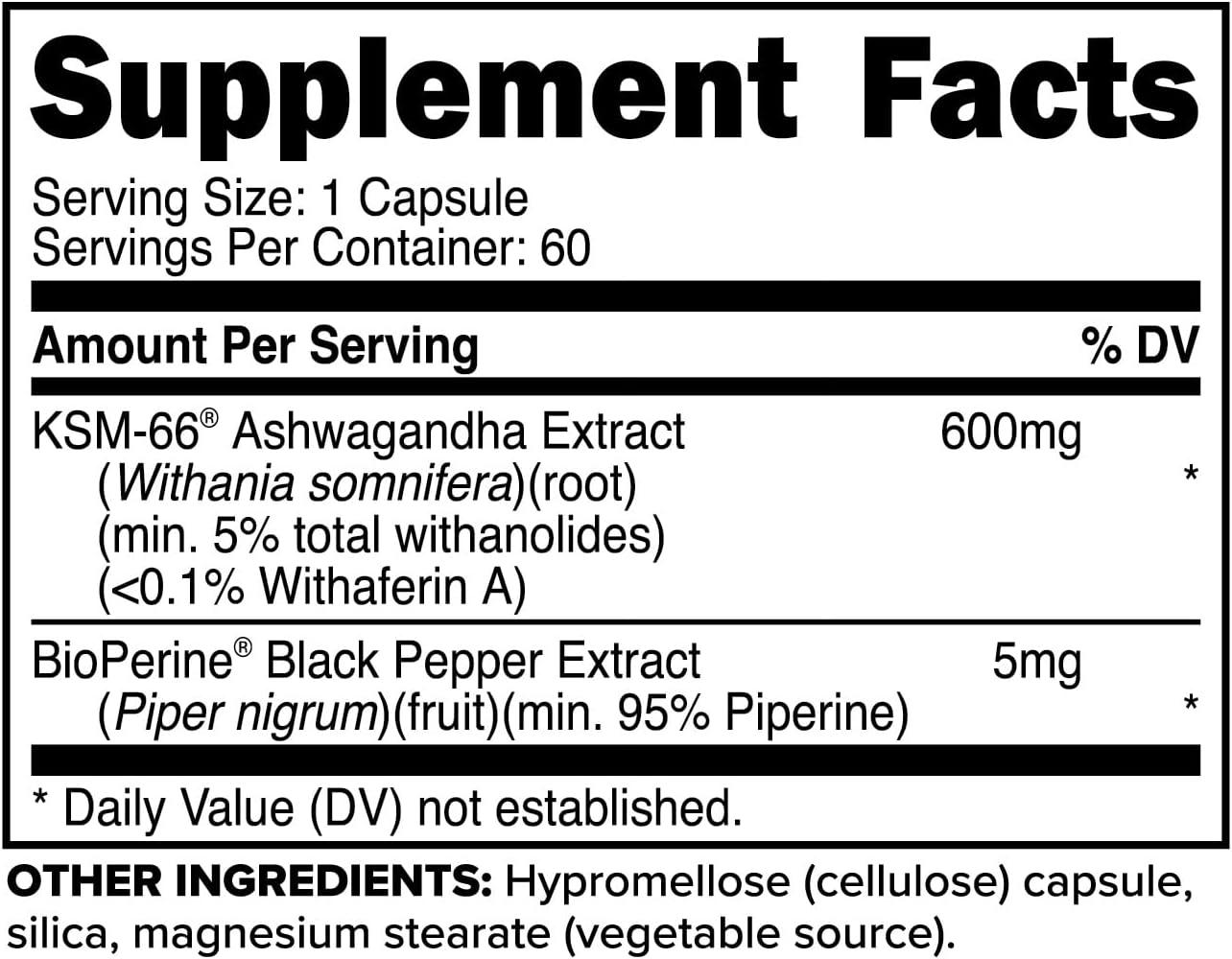 Primaforce KSM-66 Extracto de raíz de Ashwagandha (600 mg)  60 cápsulas vegetales  Withanólidos de alta potencia al 5% con BioPerine