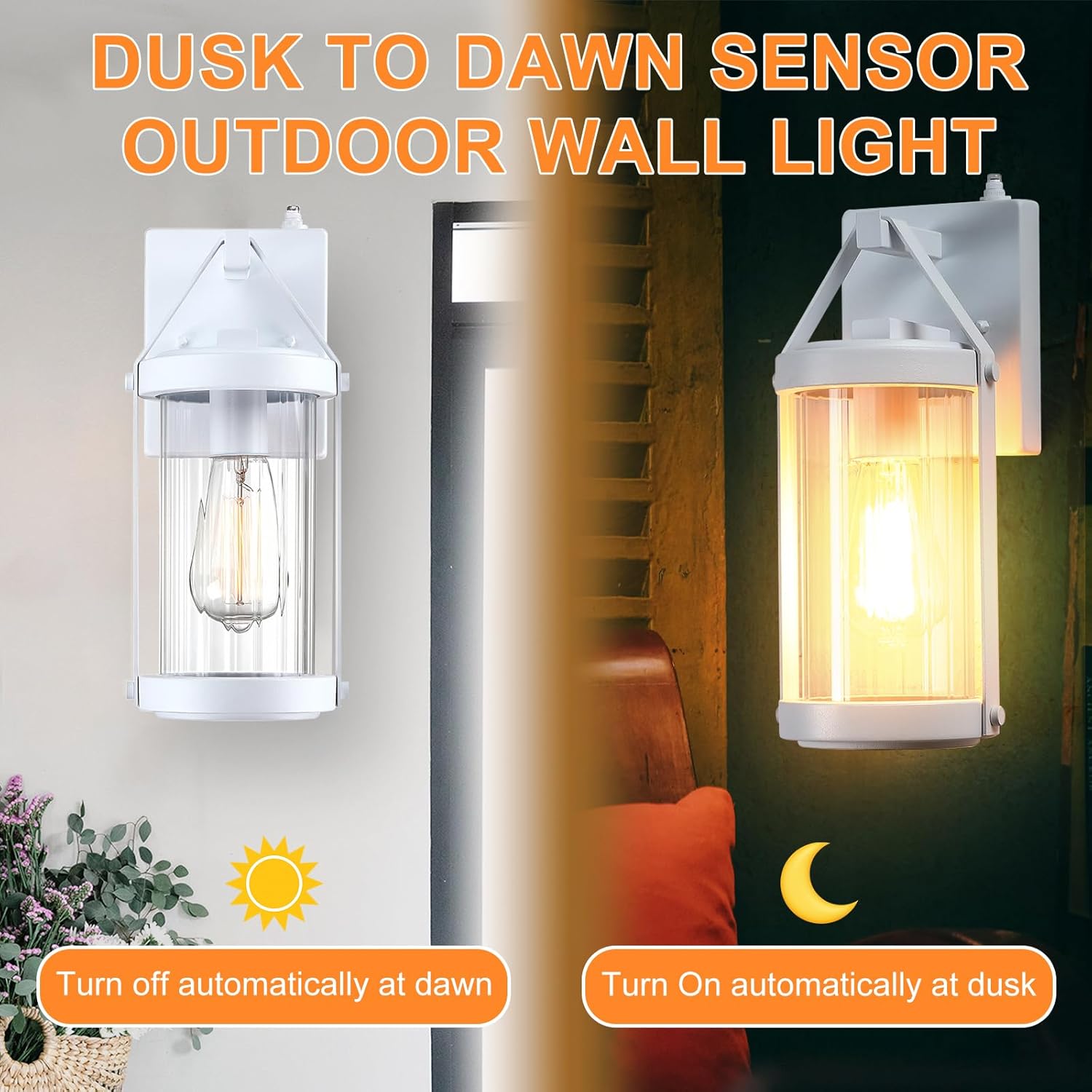 LONEDRUID Paquete de 2 lámparas de pared para exteriores, con sensor de anochecer a amanecer, lámpara de pared blanca para exteriores, farolillos