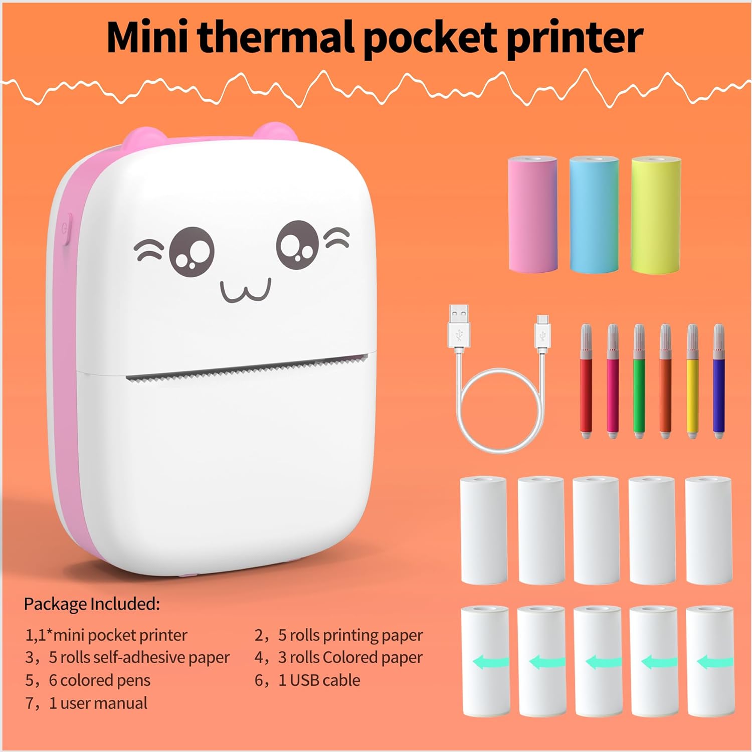 (13 rollos de papel térmico), impresora adhesiva sin tinta, mini impresora de bolsillo, mini impresora térmica de bolsillo, aplicación iOS Android
