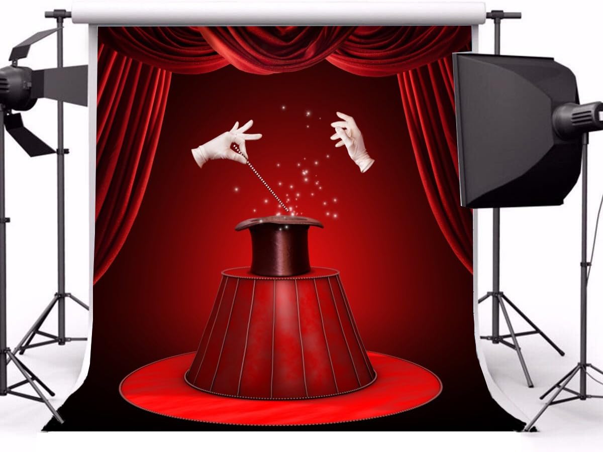 Yeele Fondo de espectáculo mágico de 10 x 10 pies para fotografía, cortina roja de circo, guantes blancos, sombrero negro, fondo de teatro, mago,