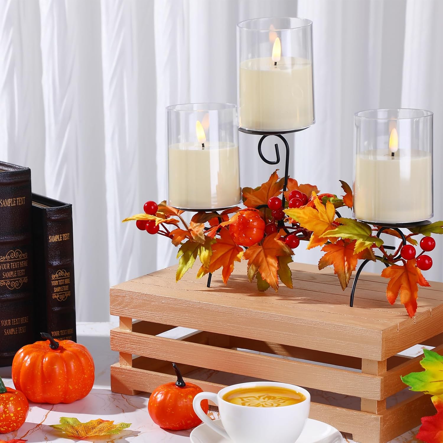 Mifoci Centro de mesa de otoño, portavelas de Acción de Gracias con 3 velas LED y 1 tira de luces, hojas de arce, centro de mesa decorativo de otoño