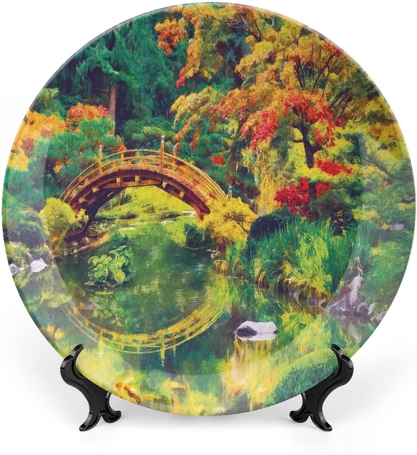 Plato decorativo de 8 pulgadas, plato de vajilla de decoración campestre, imagen de hadas del jardín japonés con estampado de puente antiguo