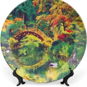 Plato decorativo de 8 pulgadas, plato de vajilla de decoración campestre, imagen de hadas del jardín japonés con estampado de puente antiguo Plato decorativo de 8 pulgadas, plato de vajilla de decoración campestre, imagen de hadas del jardín japonés con estampado de puente antiguo