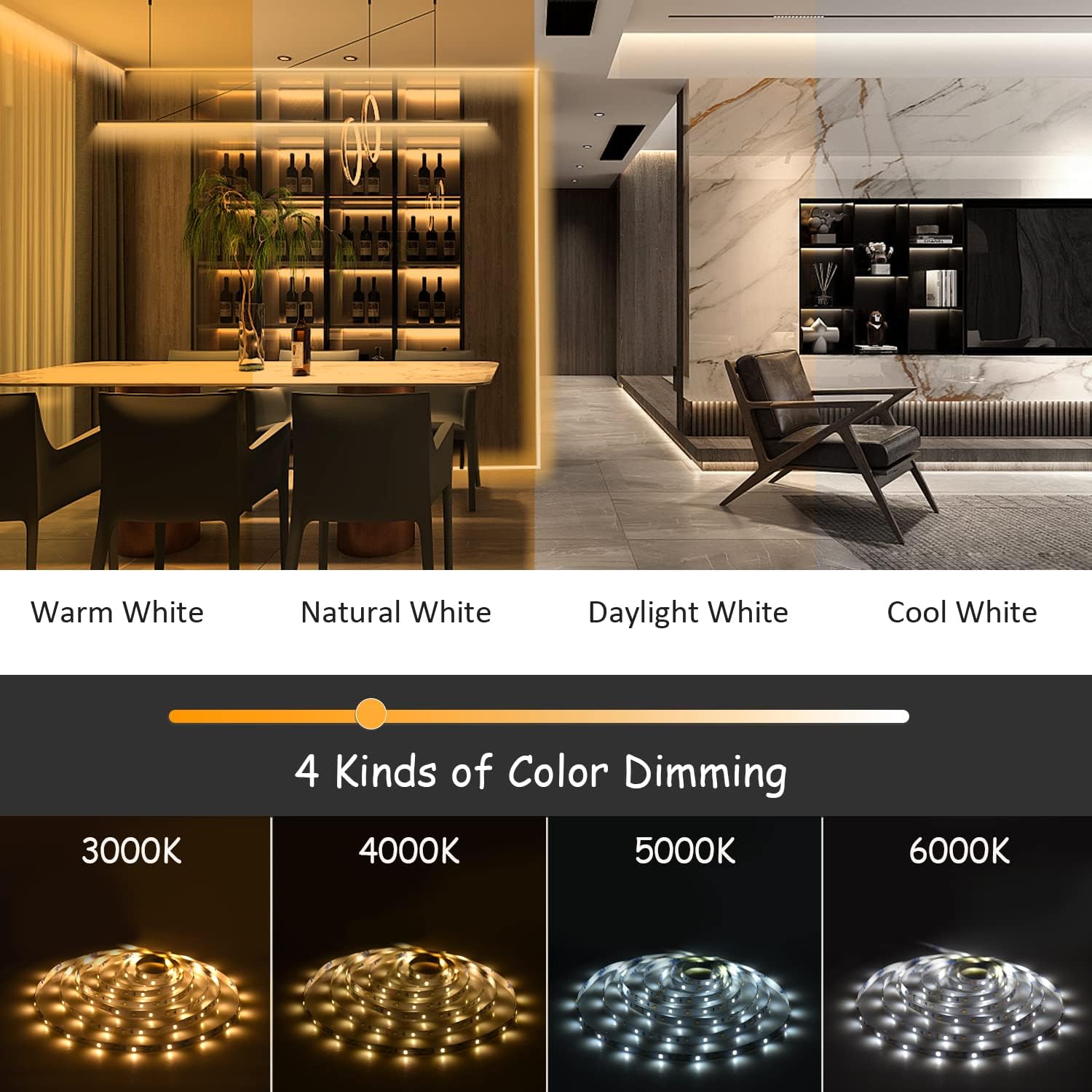 Kit de tiras de luces LED blancas sintonizables de 16.4 pies, regulables, 3000 K-6000 K, luces LED impermeables para hogar, fiesta, casa, cocina,