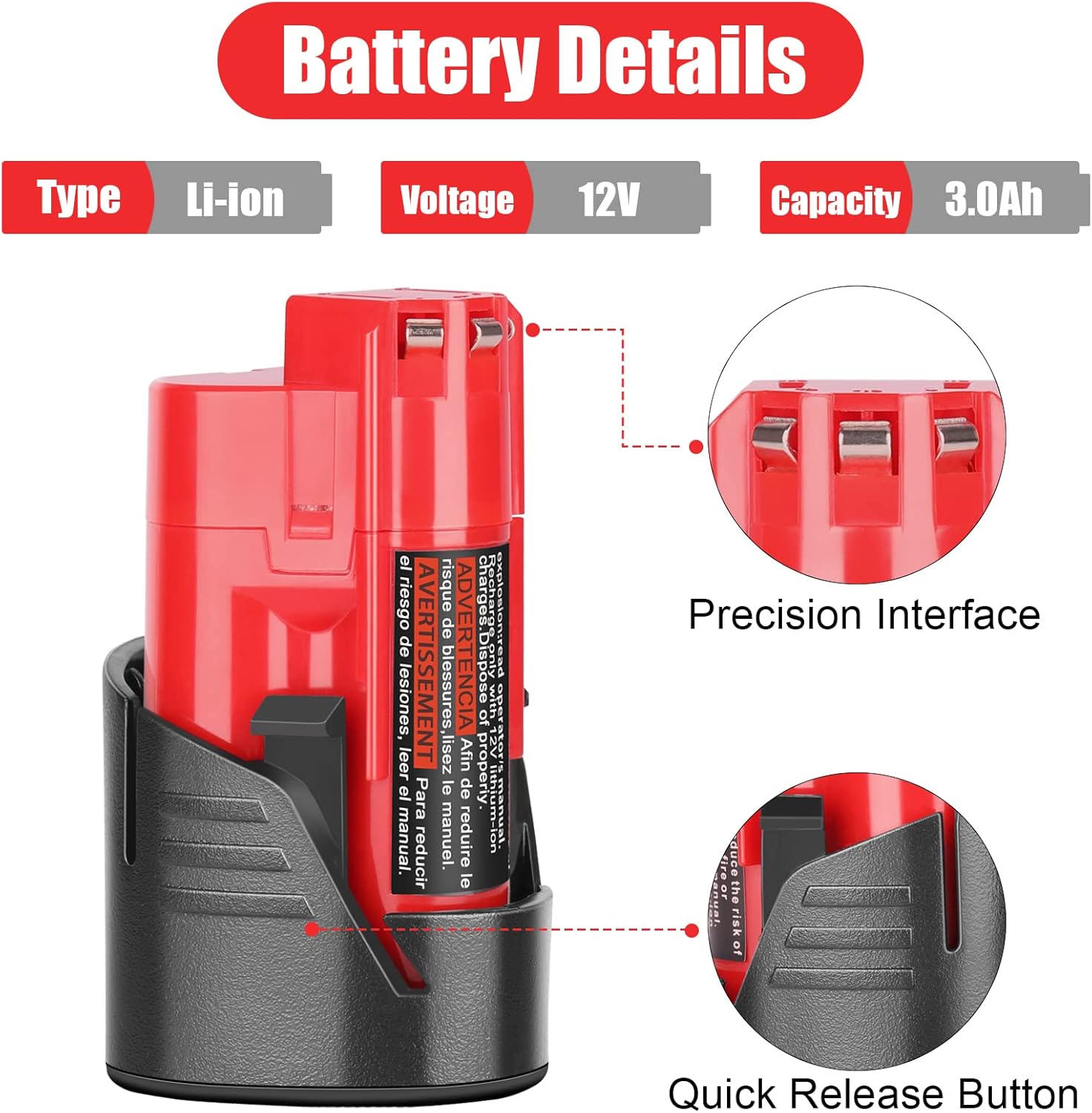 KUNLUN Paquete de 2 baterías de repuesto de 3.0Ah 12V para Milwaukee M12 de litio compatible con batería Milwaukee de 12 voltios 48-11-2411