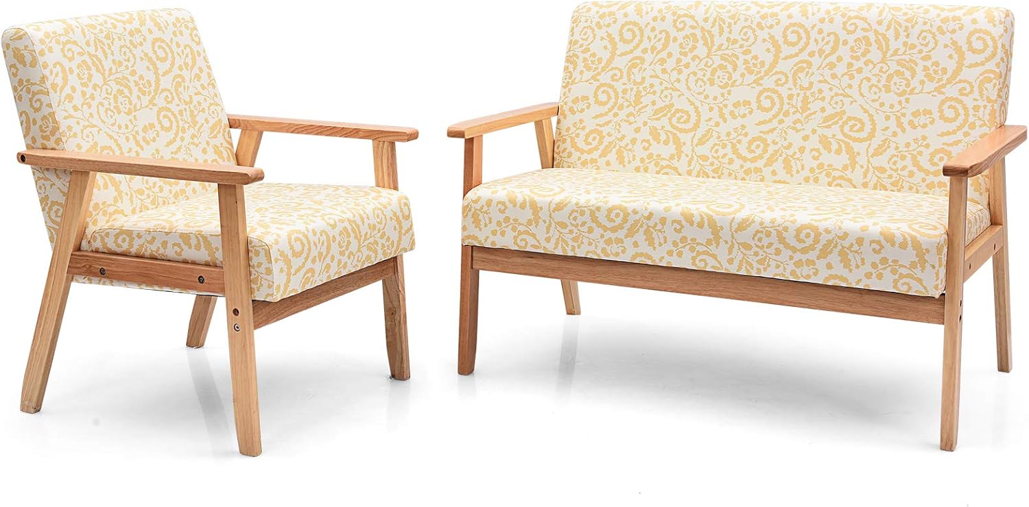 Giantex Mid-Century – Juego de sillas decorativas de madera de dos plazas, silla decorativa de madera tapizada con madera de caucho, bonito patrón,