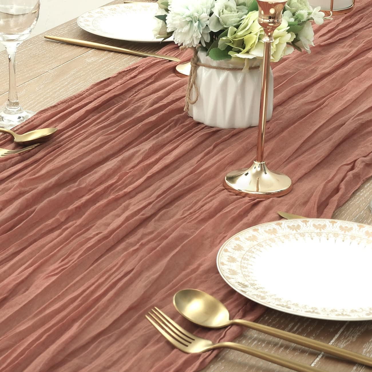 Socomi Camino de mesa de gasa de 10 pies, bohemio, rústico, color rosa oscuro, camino de mesa para boda, despedida de soltera, otoño, Acción de