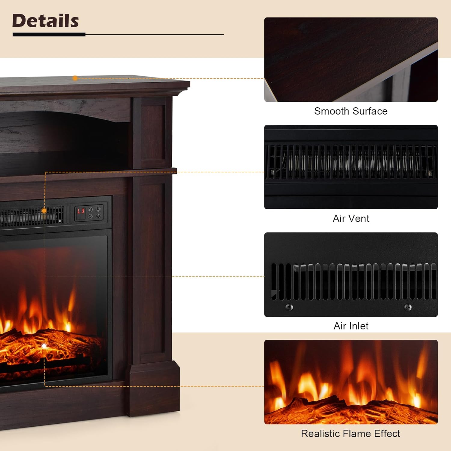 ORALNER Chimenea eléctrica de 32 pulgadas con repisa, paquete de chimenea envolvente de madera con 3 efectos de llama, control remoto y temporizador