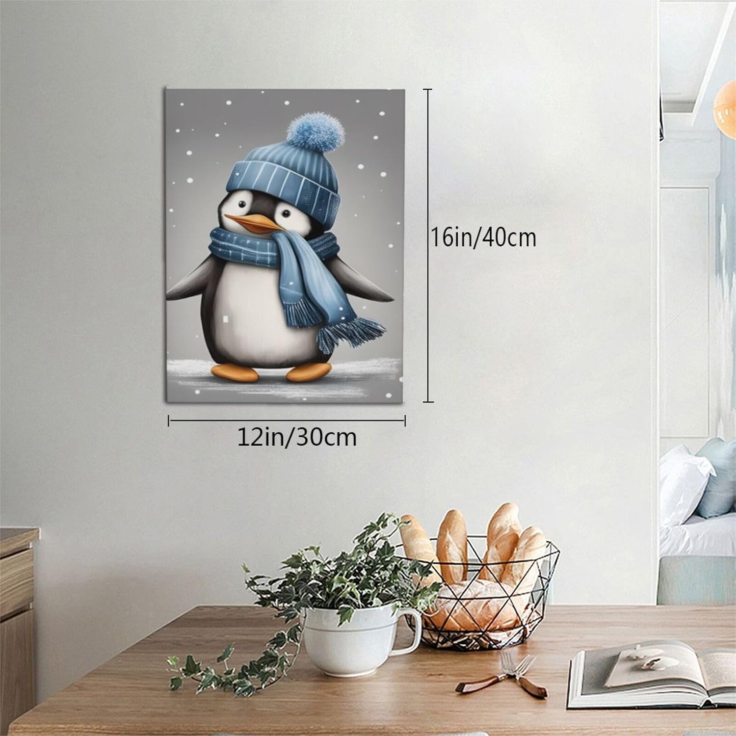 WEASYYDS Lienzo decorativo para pared de pingüino gris de invierno, con sombrero azul, impresión de pingüinos, imagen de animales, decoración para