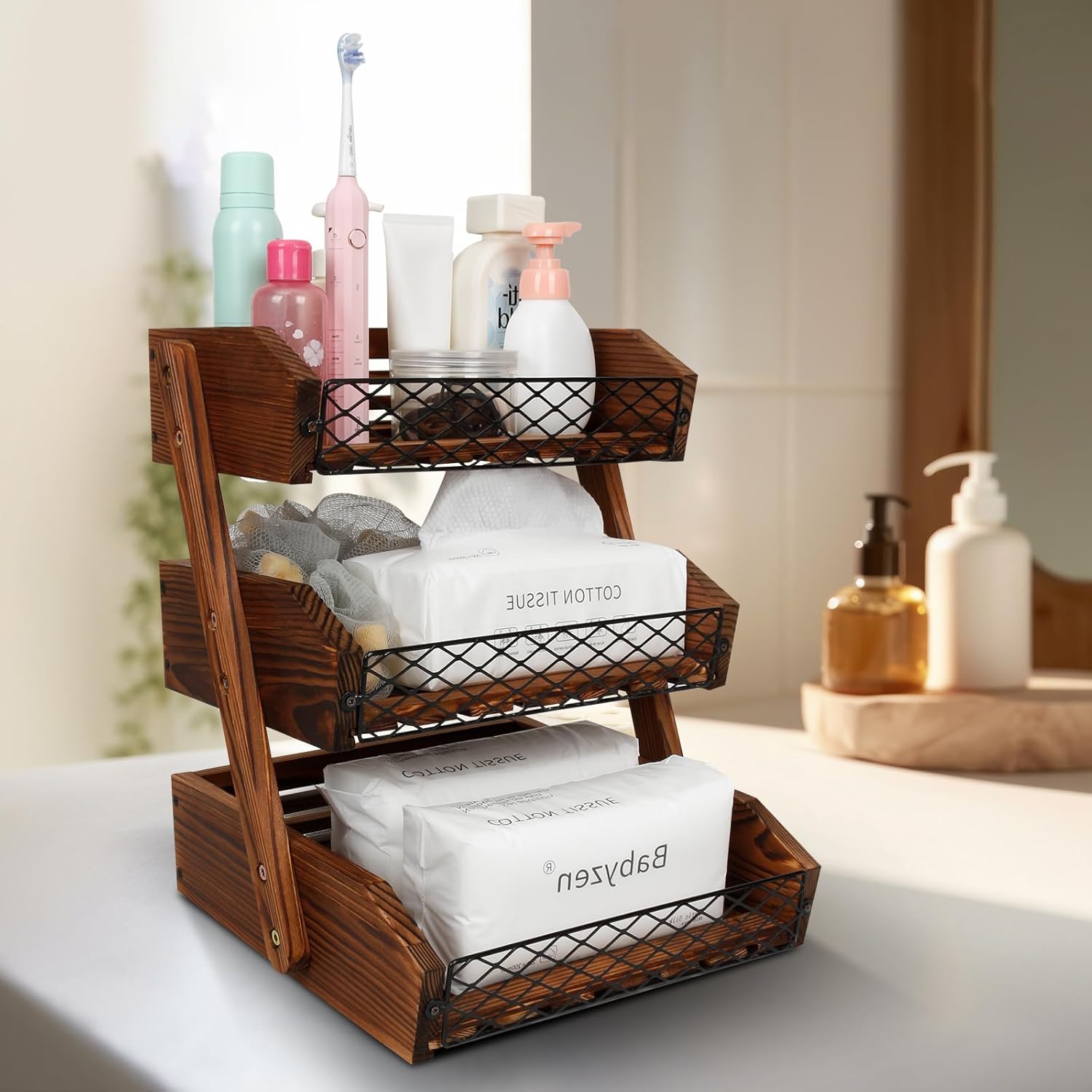 Cesta de fruta de madera para cocina, frutero multifuncional de 3 niveles, soporte de fruta de madera para encimera de cocina ordenar encimeras y