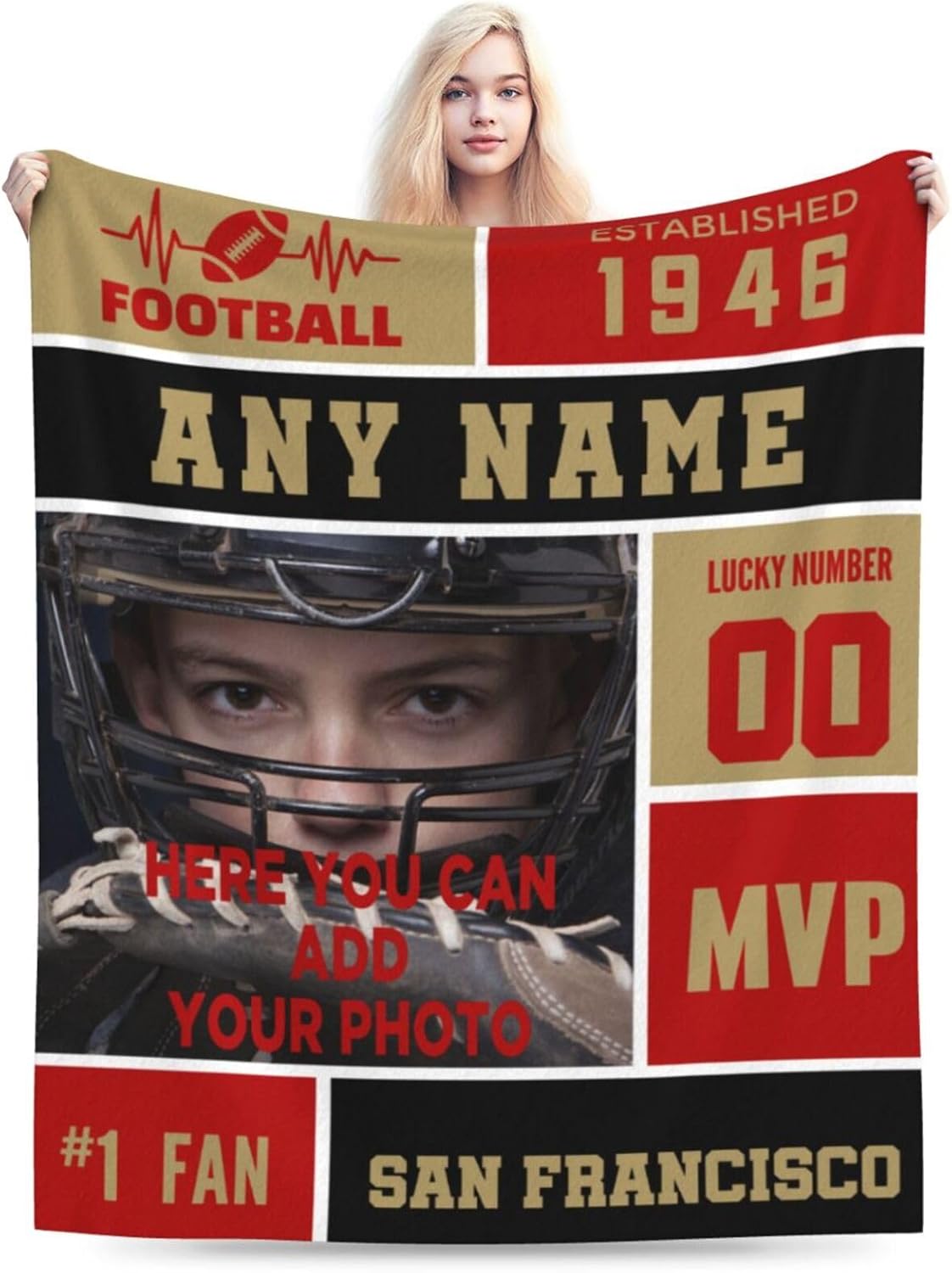 Manta personalizada de San Francisco con foto y número de nombre, manta de franela personalizada para fanáticos del fútbol, regalo conmemorativo