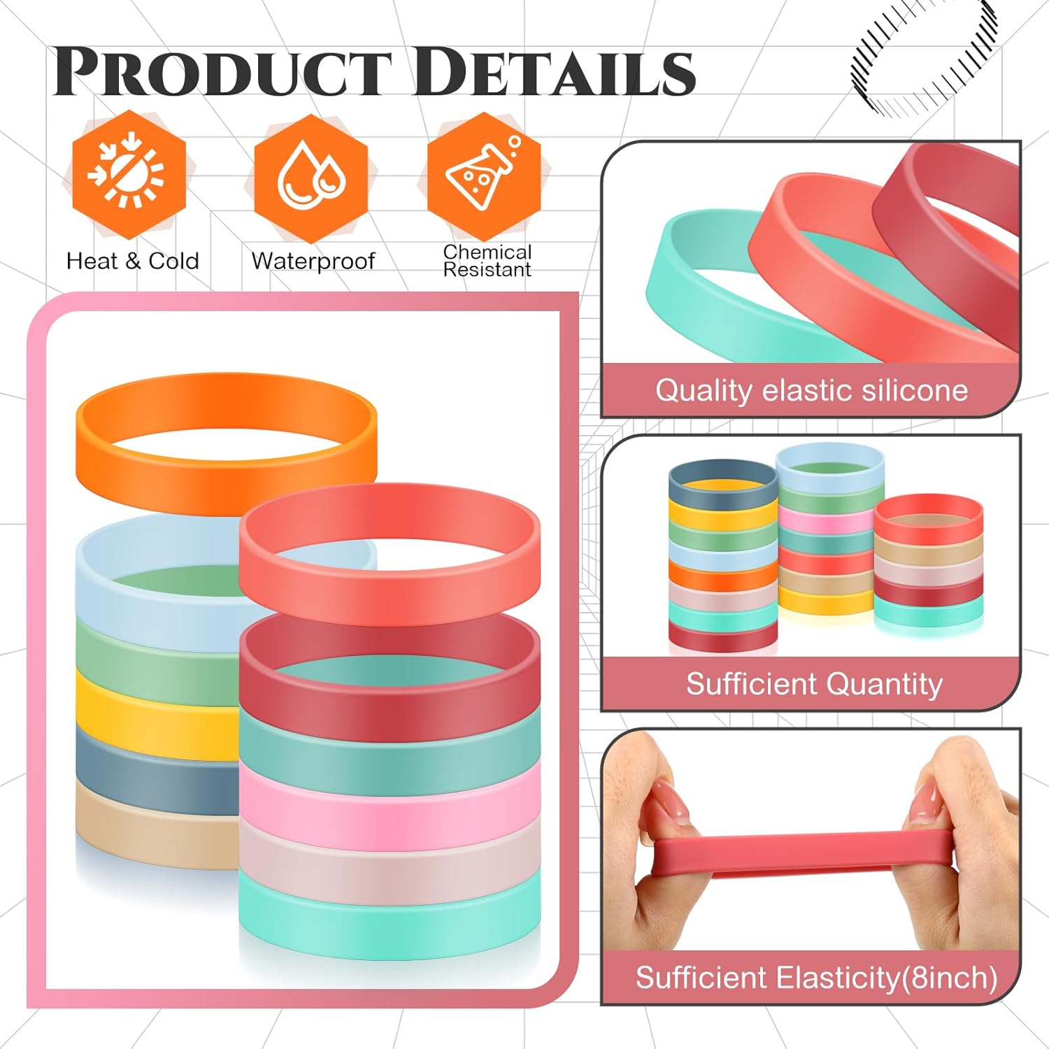 24 bandas elásticas de silicona de colores de 8 pulgadas, bandas elásticas de silicona de larga duración para libros, arte, envolturas de bolsas,