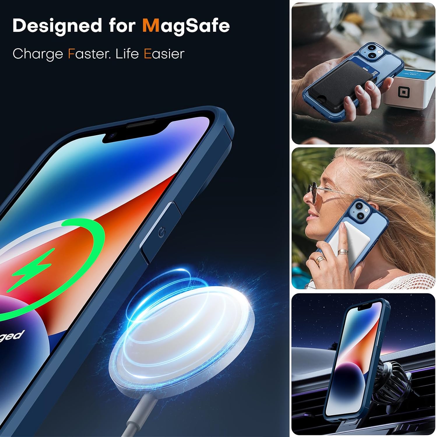 TAURI Funda magnética 5 en 1 diseñada para iPhone 13 para iPhone 14, compatible con MagSafe con 2 protectores de pantalla + 2 protectores de lente