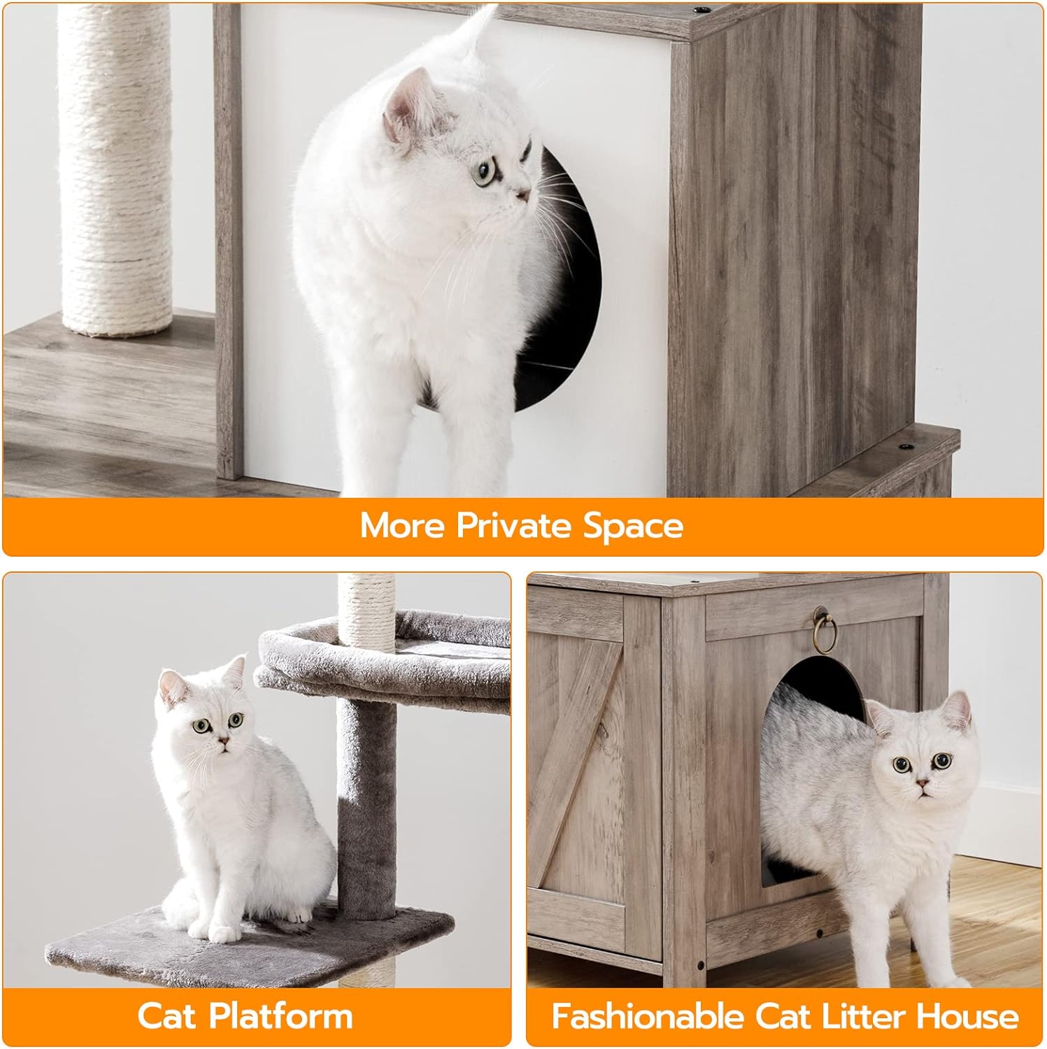 HOOBRO Torre de árbol para gatos con caja de arena para gatos de interior, condominio de madera para gatos con postes rascadores, caja de arena para