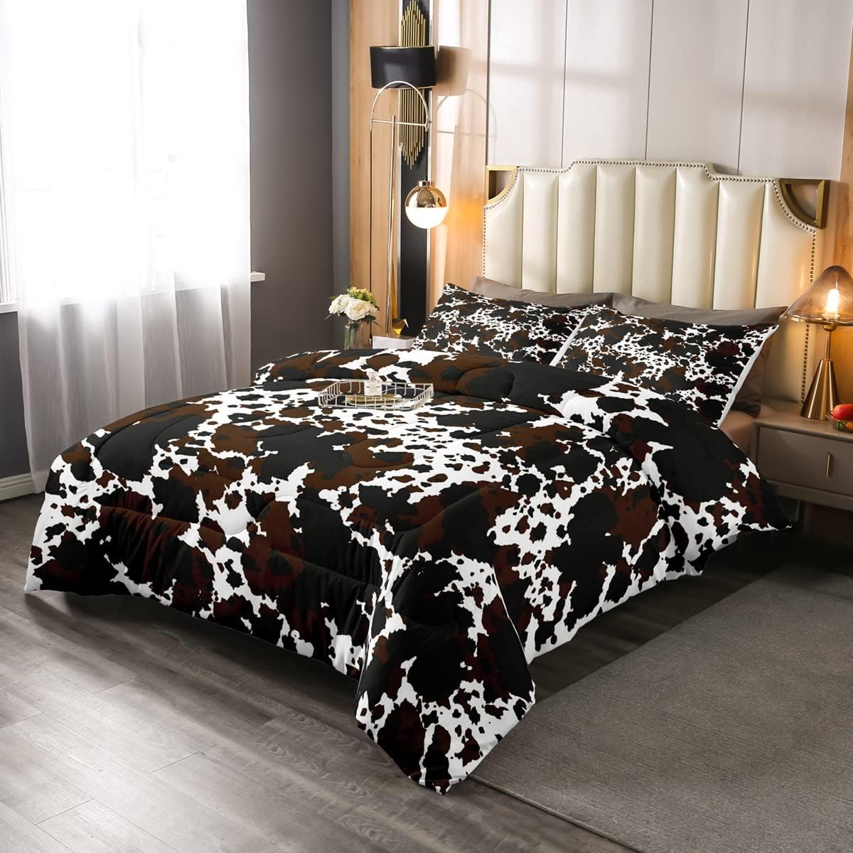 Juego de ropa de cama de piel de vaca, tamaño Queen, bonito juego de edredón con estampado de vaca rústica de piel de animal para niños,