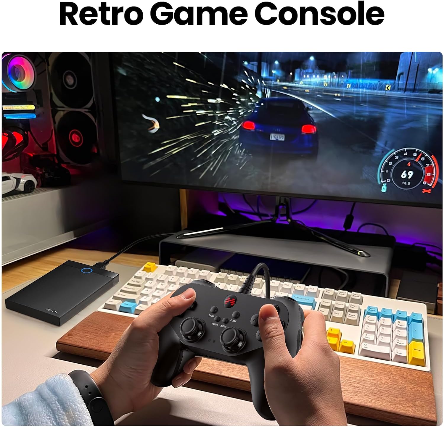 Bearway Retro Game Console 500G HDD- Video Game Console with 60000+Classic Games, External Hard Drive Compatible with 70+Emulators and 3D Games,