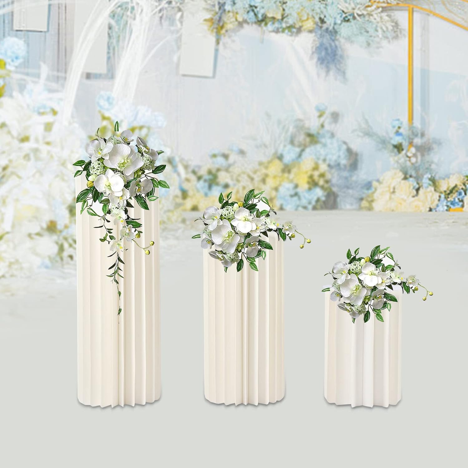 Fetcoi Centros de mesa de boda, jarrones de cartón, exhibición de columnas plegables blancas con tapa acrílica, jarrón alto para flores, soporte de