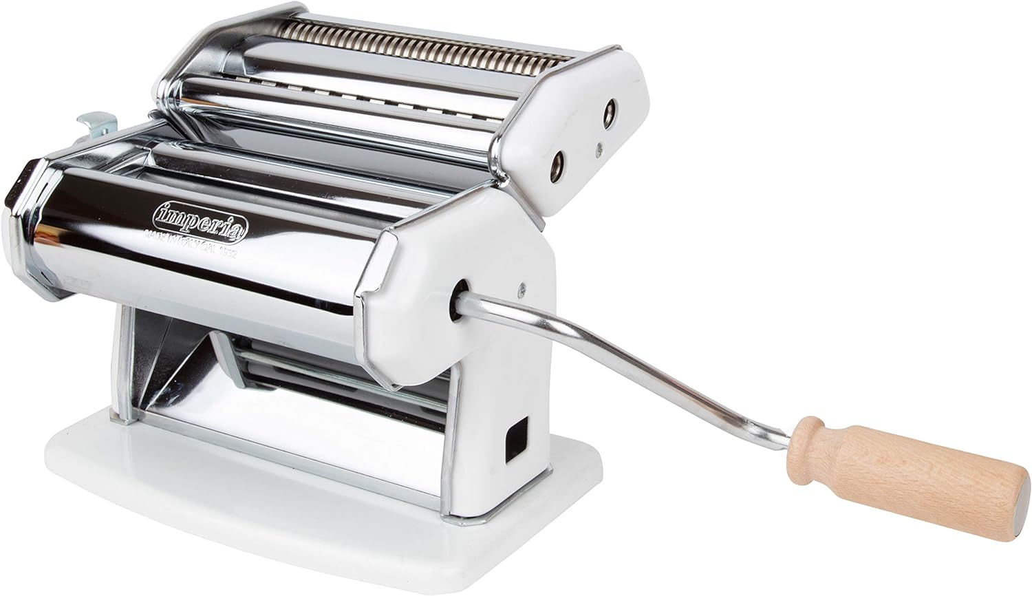 Imperia Máquina para hacer pasta, color blanco, fabricada en Italia, construcción de acero resistente con esfera de fácil bloqueo, mango de agarre