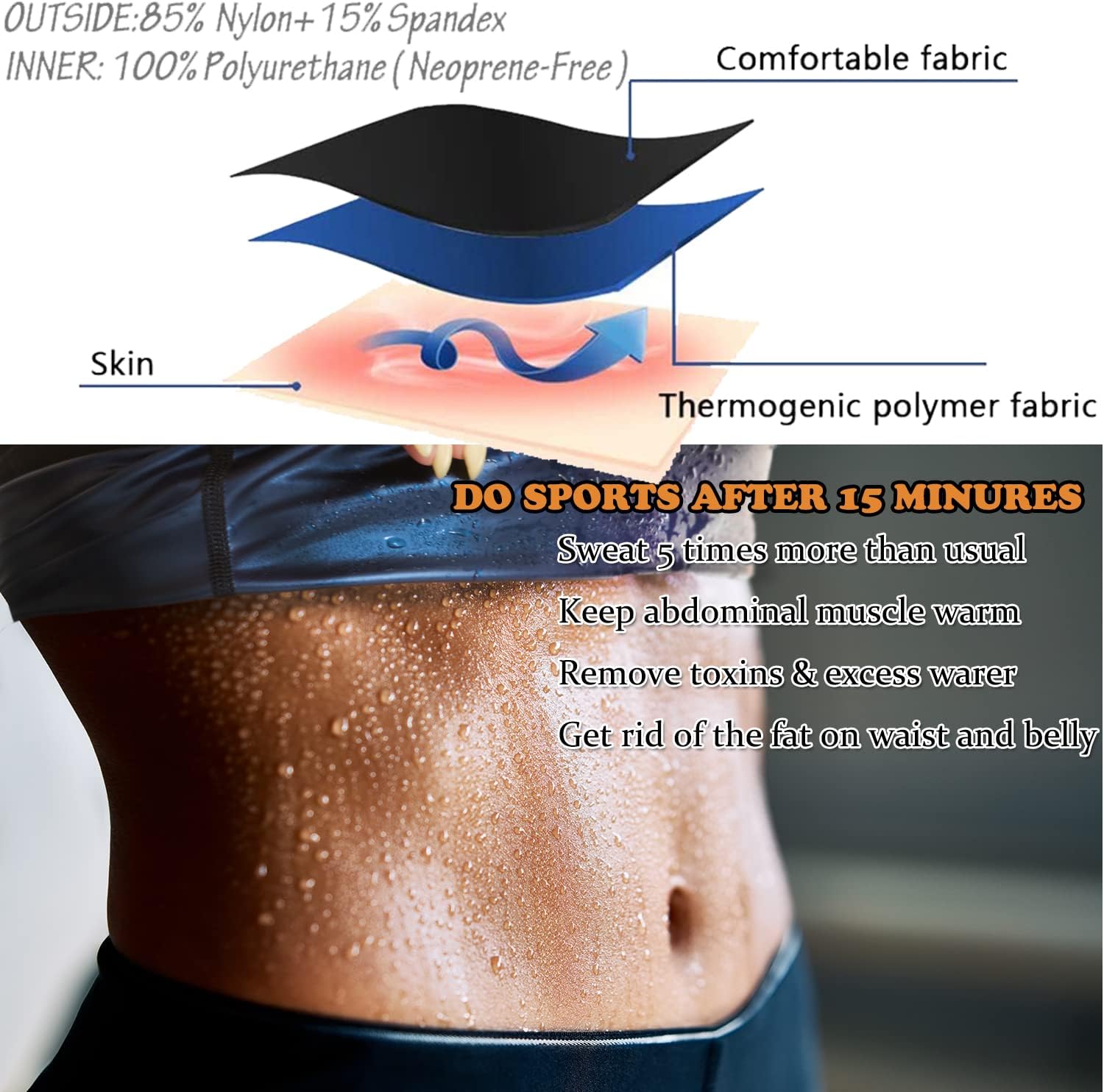 Traje de sauna para mujer, reductor de cintura, cinturón de sauna de polímero, mejora el sudor, moldeador corporal para adelgazar la cintura,