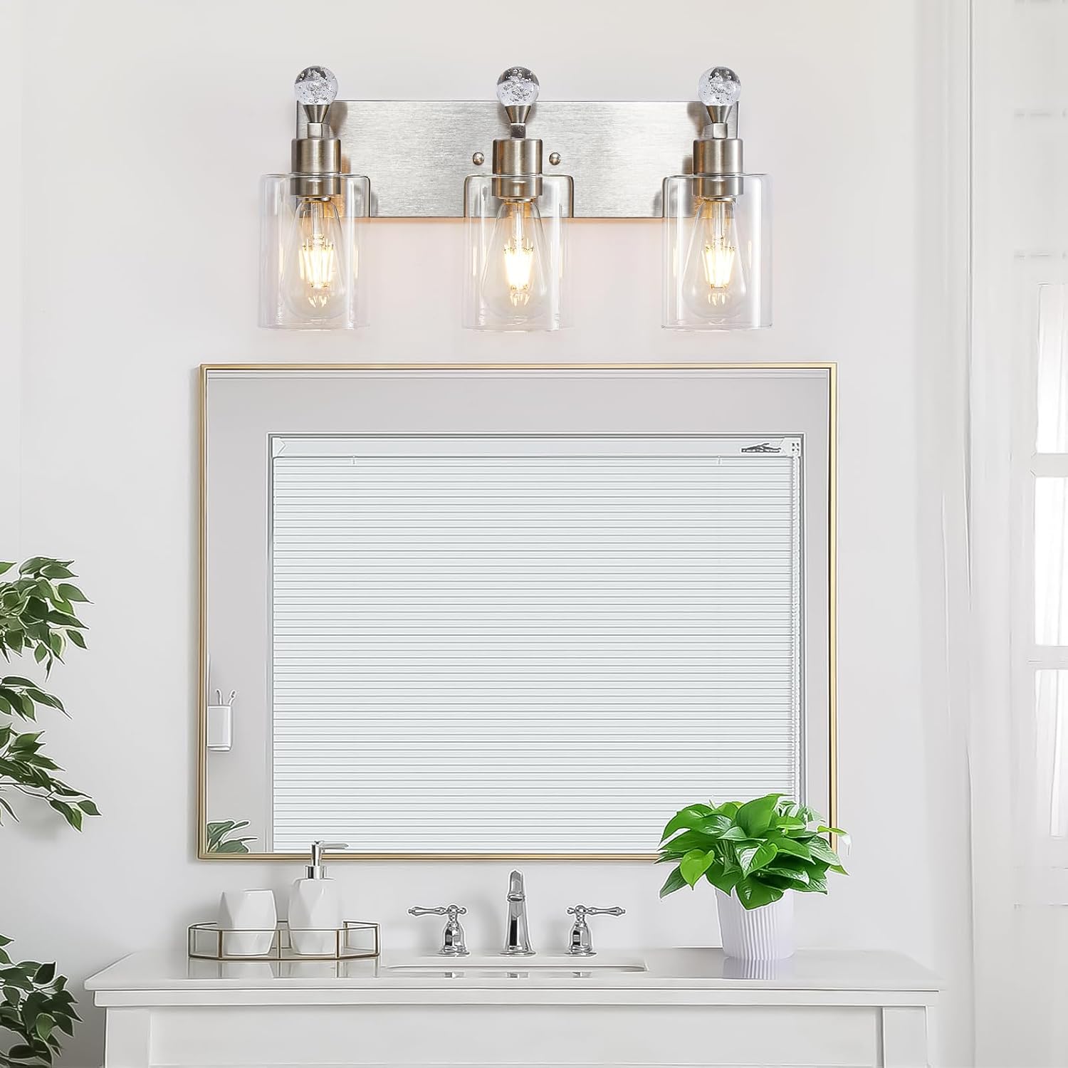 Lámparas de baño de 3 luces, lámpara de tocador de baño de níquel cepillado, accesorios de iluminación de tocador con pantalla de vidrio resistente,