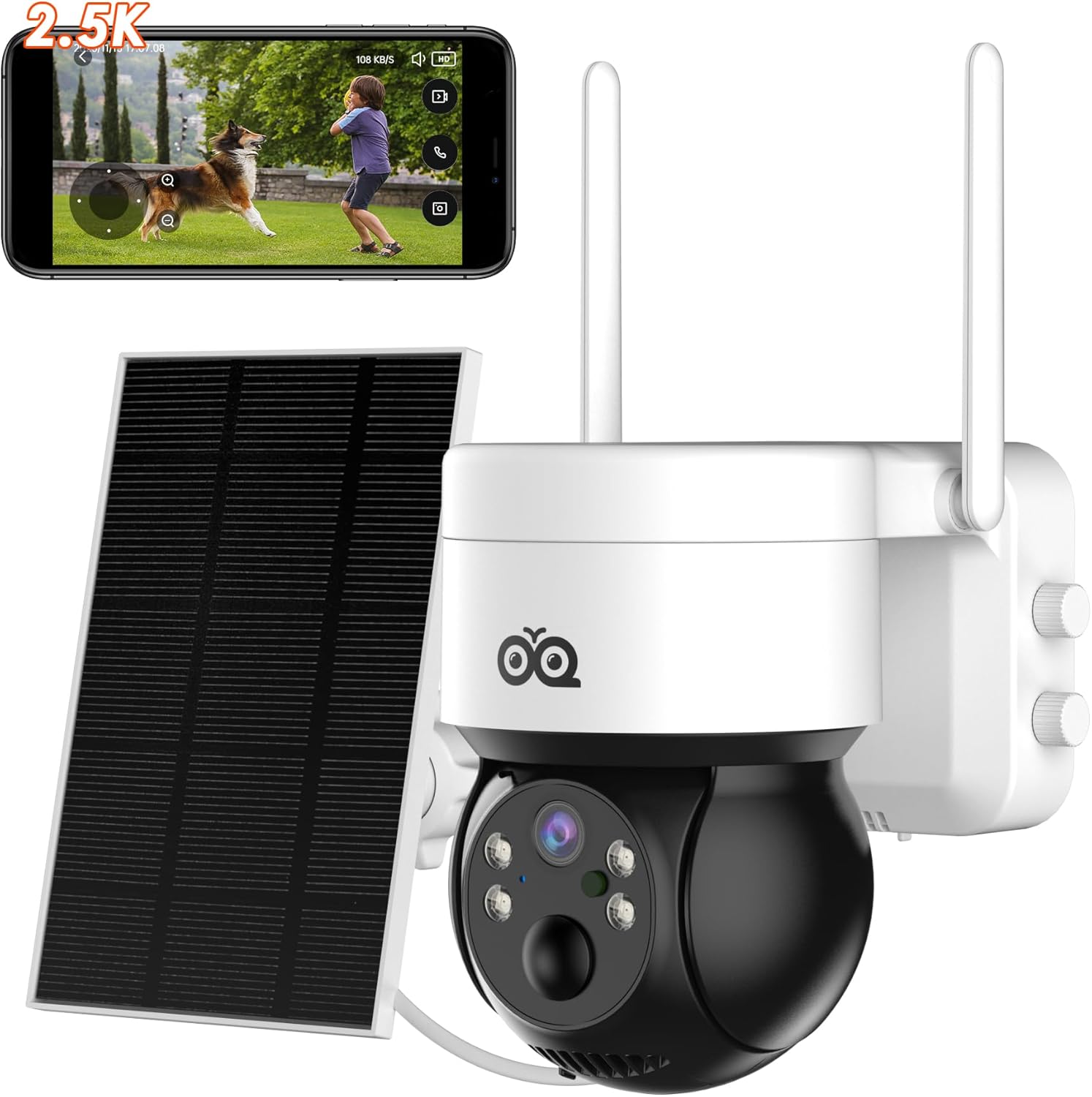 OVQ Cámara de seguridad solar inalámbrica de 4 MP para exteriores, 2.5 K con energía solarbatería para seguridad del hogar, cámara WiFi de 2.4 GHz