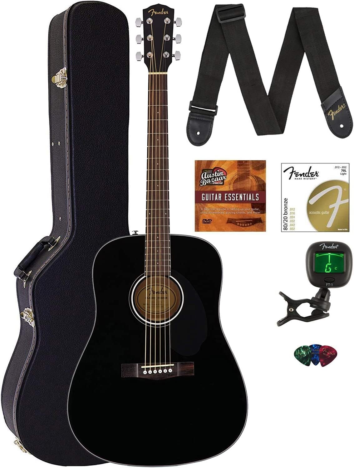 Fender CD-60S – Guitarra acústica Dreadnought con tapa sólida, paquete negro con estuche rígido, afinador, correa, cuerdas, púas y DVD instructivo