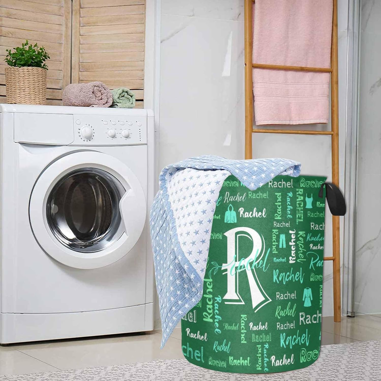 MyPupSocks Cesta de lavandería con nombre personalizado, monograma inicial personalizado y cesta de lavandería verde y blanco para bebés para niñas