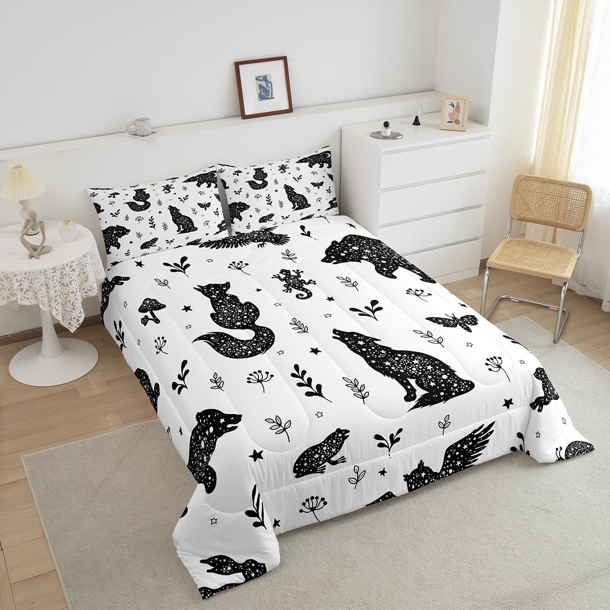 Juego de ropa de cama matrimonial con diseño de bosques para niños y niñas, juego de edredón con diseño botánico de animales, estilo escandinavo,
