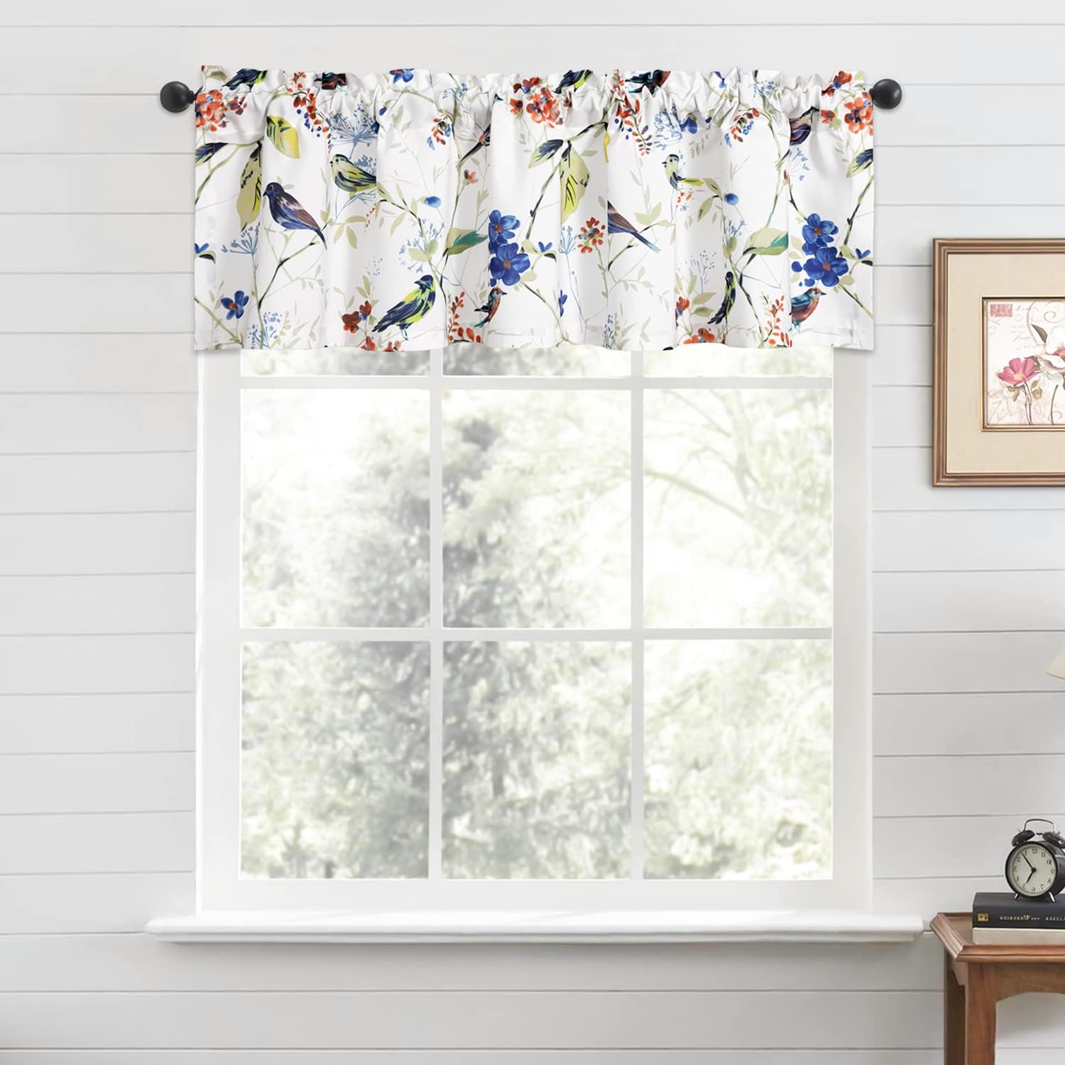 VOGOL Cortinas de cenefa azul para sala de estar, lino texturizado con estampado de pájaros y flores, cortinas de ventana con bolsillo para barra,