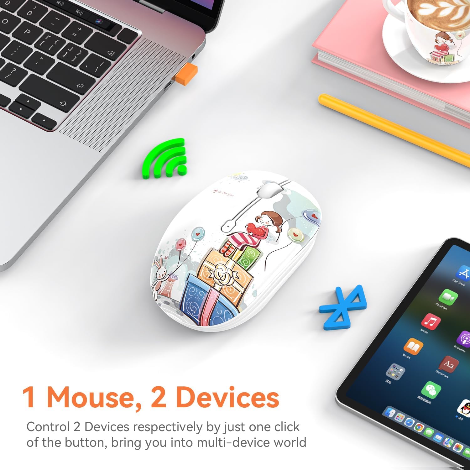 Lindo ratón inalámbrico, silencioso modo dual Bluetooth ratones para portátil, iPad, Comupter, tableta con receptor USB (niña)