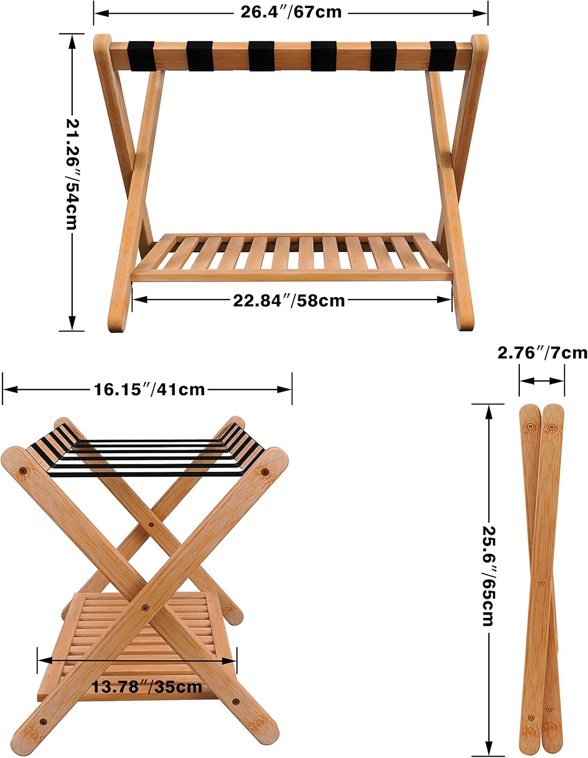 SMIBUY Portaequipajes, soporte plegable de bambú para maleta con estante de almacenamiento para habitación de invitados, dormitorio, hotel,
