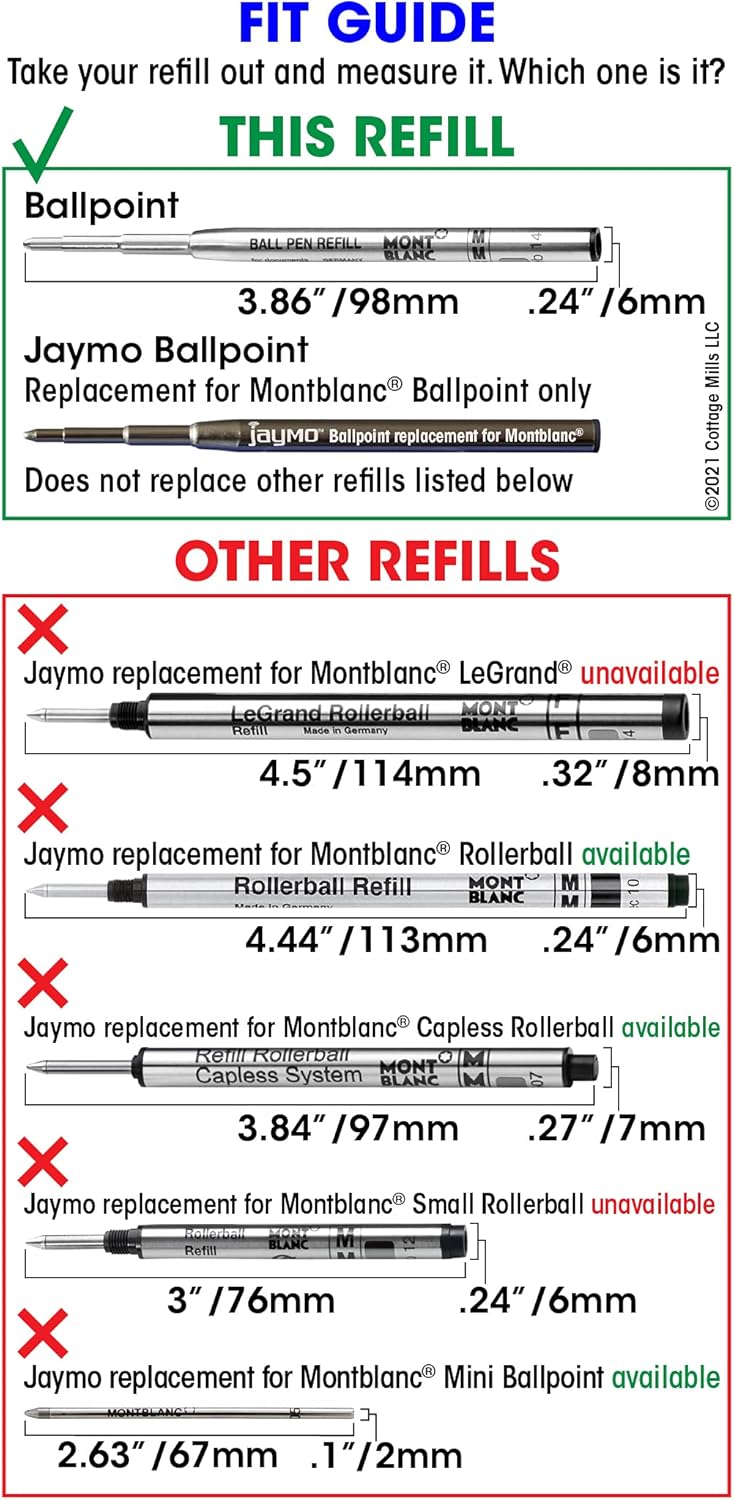 Jaymo Repuesto para Montblanc 128211128214  Medidas 3.875 pulgadas  3.858 in de largo  Recambio de bolígrafo  6 negros + 6 azules