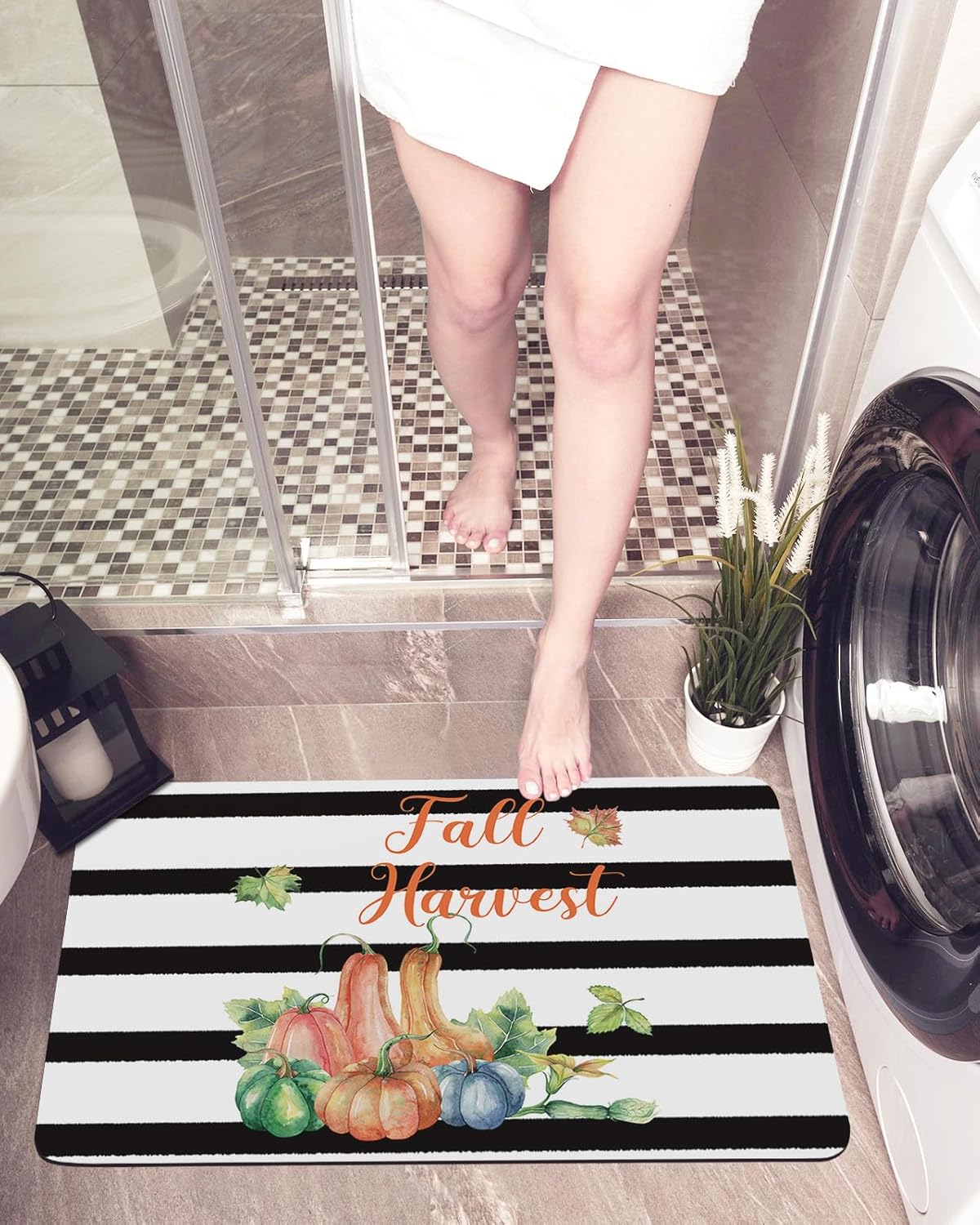 Bath Mat,Thanksgiving Fall Harvest Pumpkin Maple Leaves Stripe Indoor Door Thin Mat Absorbent Bathroom Quick Dry Rug Entrance Non Slip Rubber