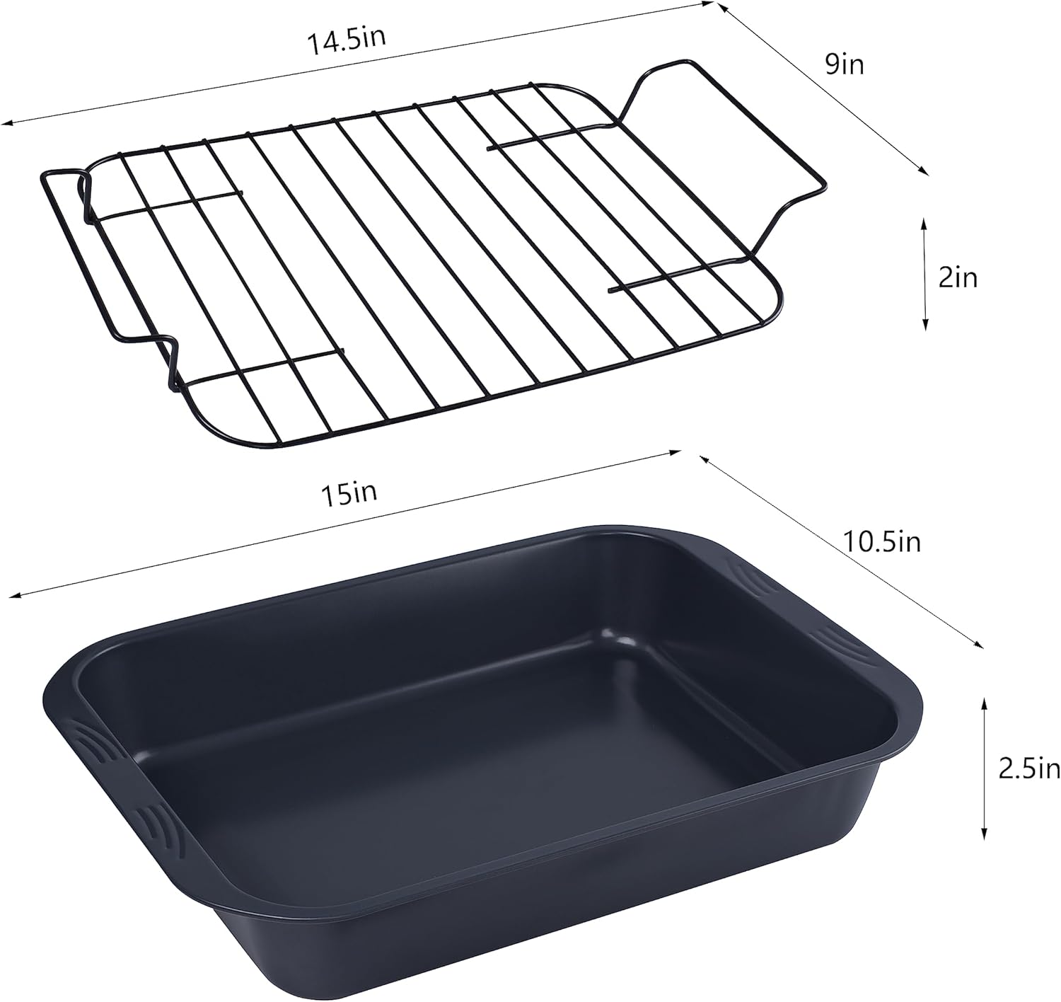 Sartenes para asar con estante, asador de pavo de 15 x 10.5 x 2.5 pulgadas para pavo pequeño, pollo, carnes y verduras, lasaña (gris)
