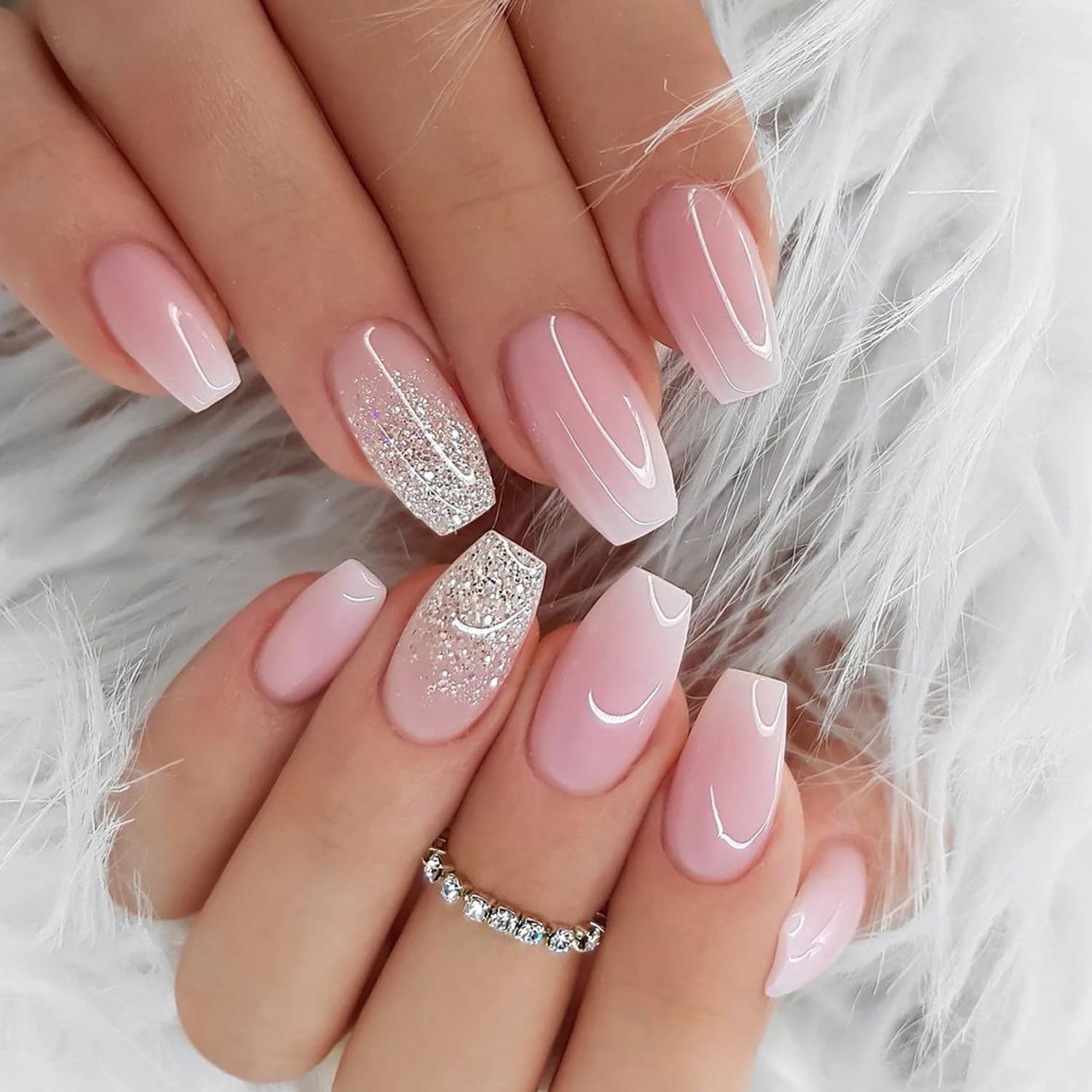 Uñas postizas a presión de ataúd, uñas postizas de longitud media, uñas postizas con purpurina rosa degradado, diseño brillante de cobertura