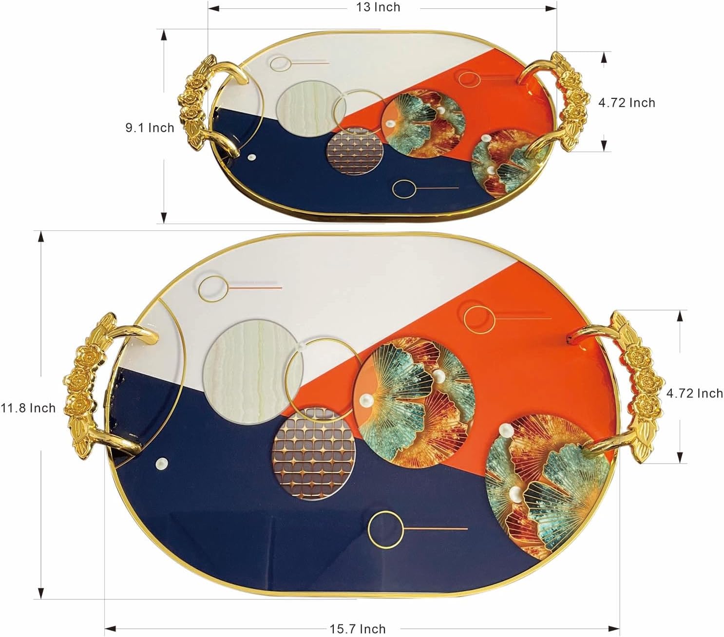 Zosenley Bandeja decorativa, juego de 2 bandejas de plástico con asas doradas, bandeja ovalada de tocador para baño, cocina, otomana y mesa de café