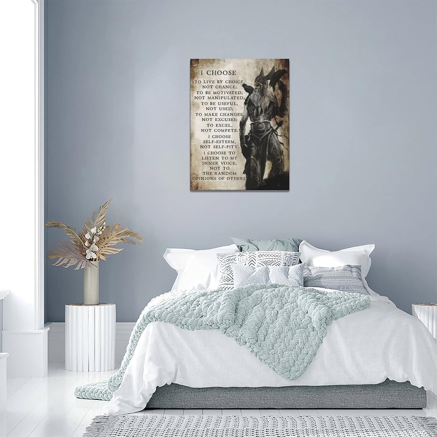 Arte de pared de guerrero vikingo samurái, decoración de pared con texto en inglés “I Choose to Live by Choice” con citas inspiradoras en lienzo,