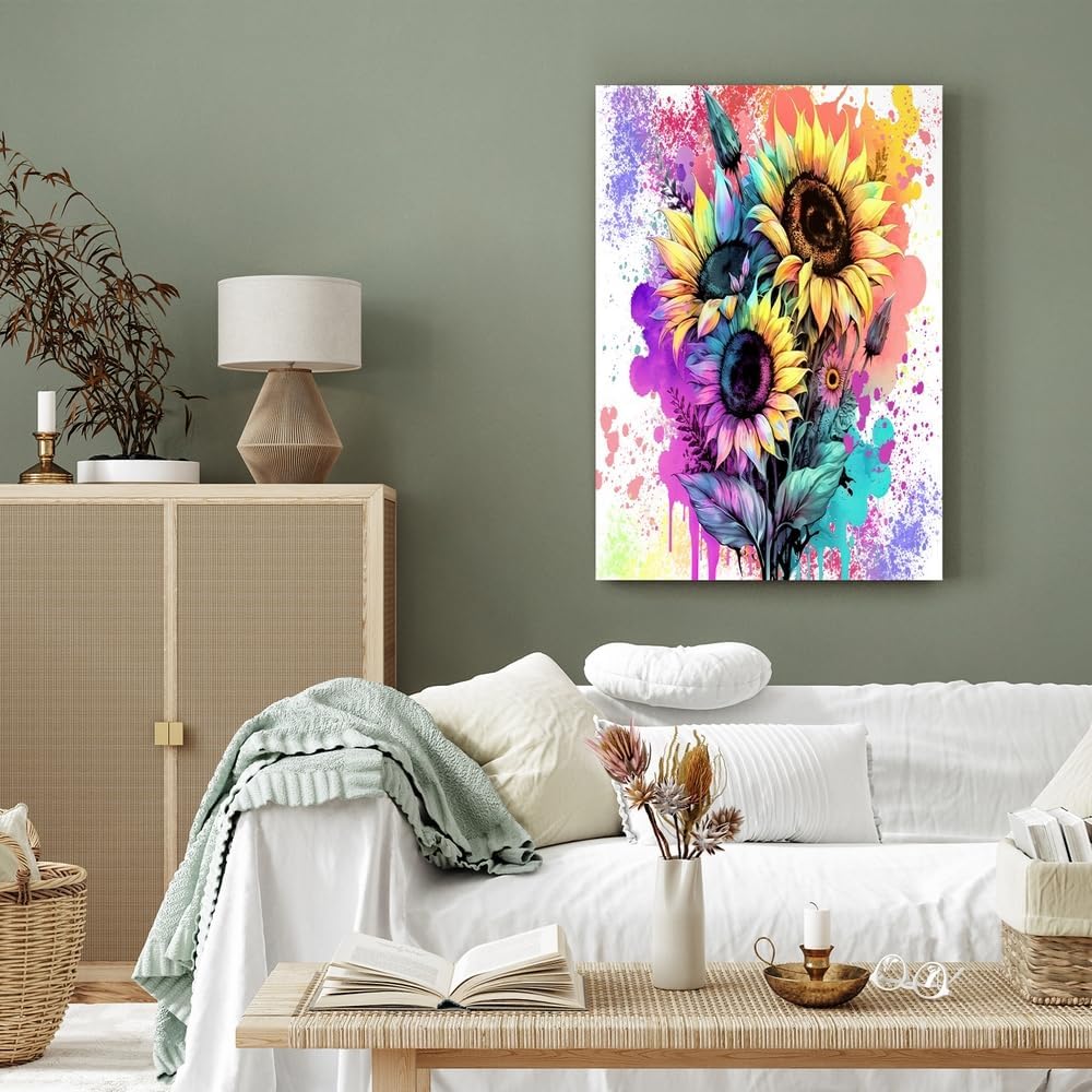 GUBIYU Decoración de baño, lienzo de girasol, arte para pared, acuarela, mariposa, flores, pintura floral, amarillo, rosa, morado, verde azulado,