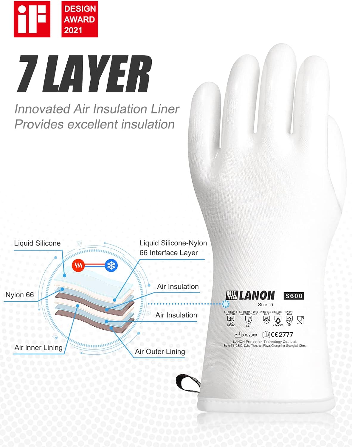 Guantes de horno de silicona líquida, 7 capas (-100 F a 570 F), guantes resistentes al calor, guantes de barbacoa con 5 dedos para tacto de