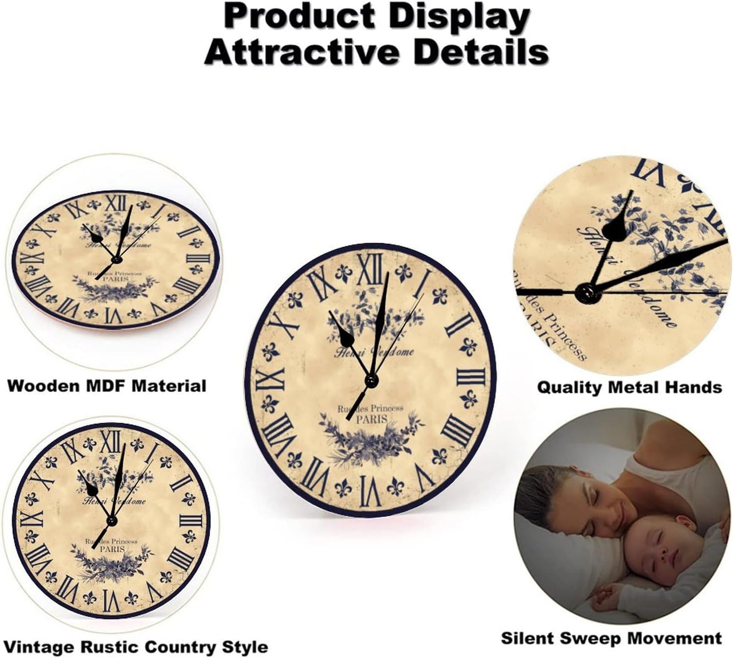 Brown Toile – Reloj de pared para sala de estar, reloj de pared silencioso con pilas, reloj de pared silencioso de 15 pulgadas, reloj de madera