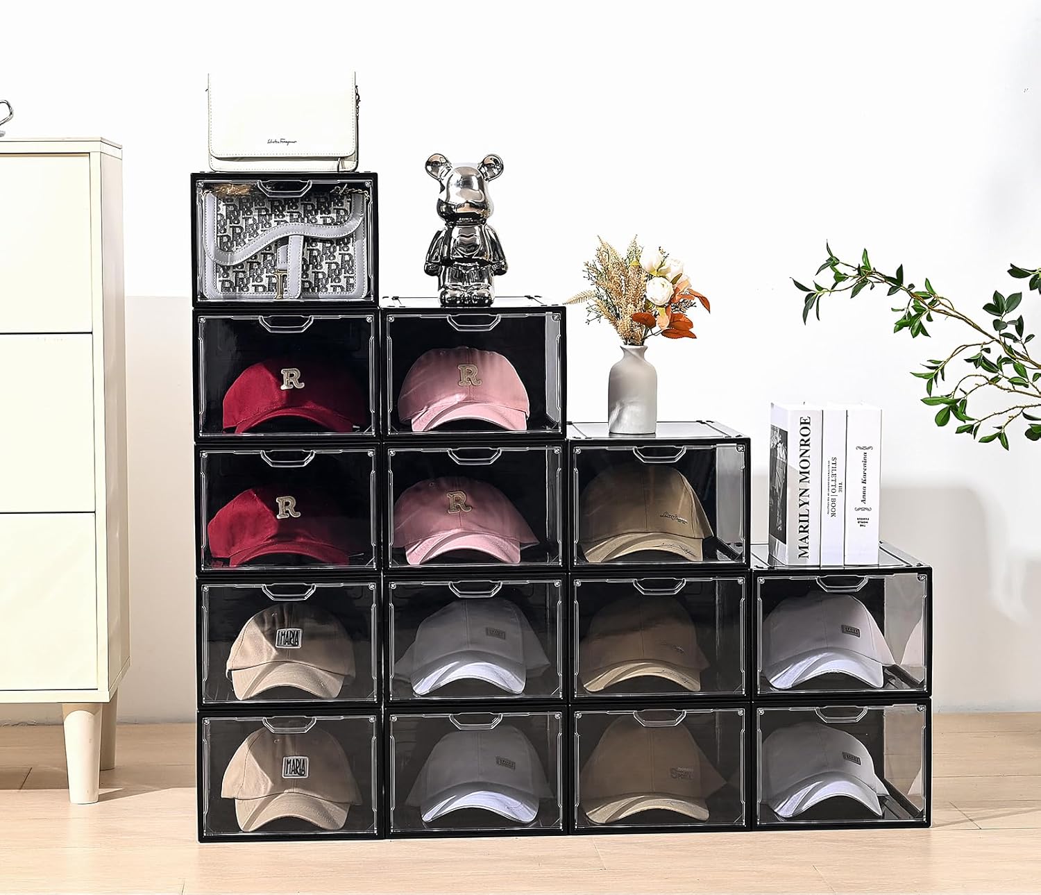 Organizador de sombreros para gorras de béisbol, paquete de 6 cajas de almacenamiento de sombreros de plástico transparente con puerta magnética,