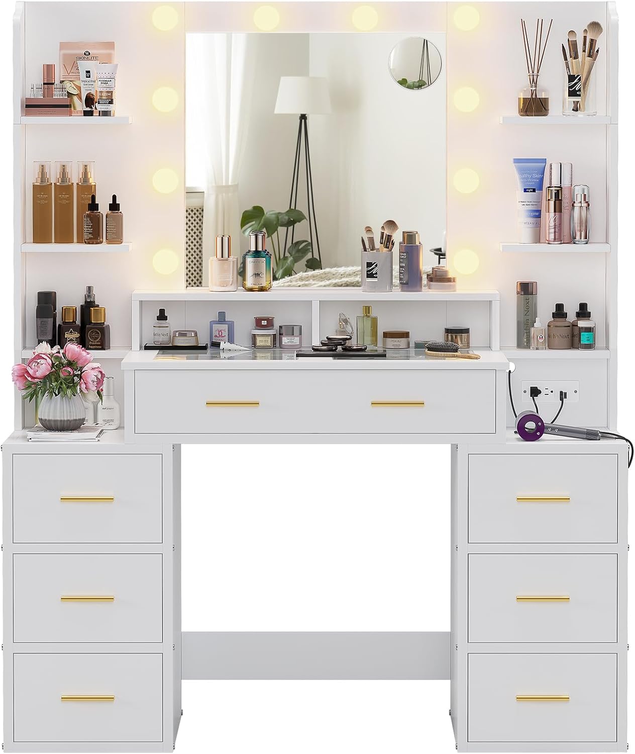 BTHFST Escritorio de tocador de cristal con espejo y luces, tocador de maquillaje con luces, estación de carga y espejo de aumento de 10x, mesa de