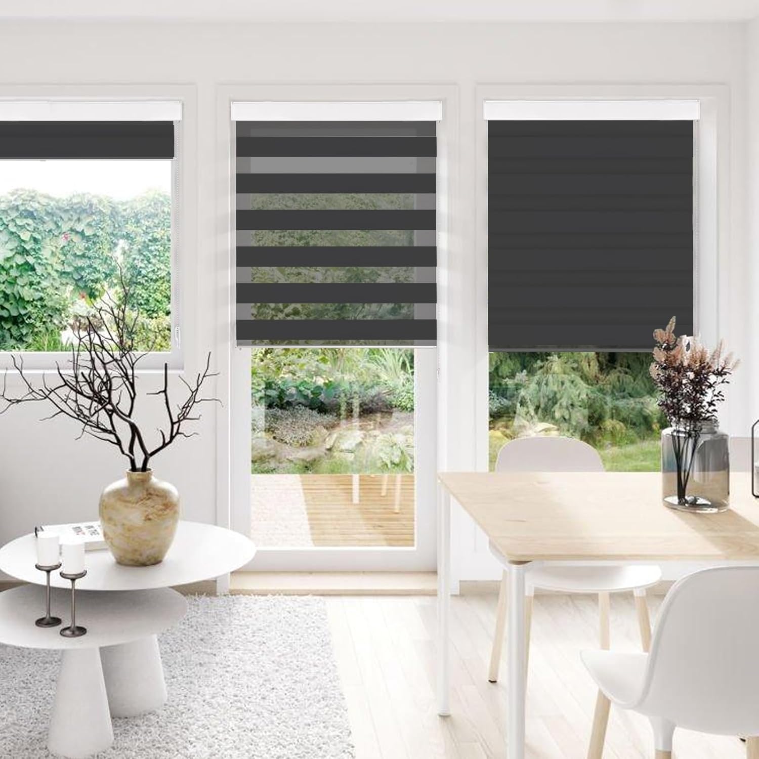 Persianas enrollables tipo cebra opacas negras, persianas filtrantes de luz de privacidad para ventanas, material grueso con cadena de cuentas de